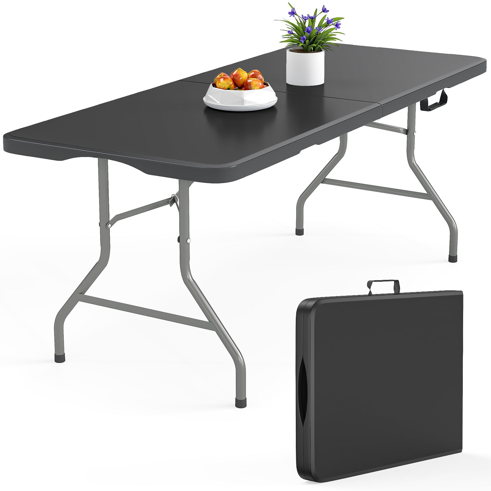 SUGIFT 6 ft Rectangular Black Plastic Folding Table