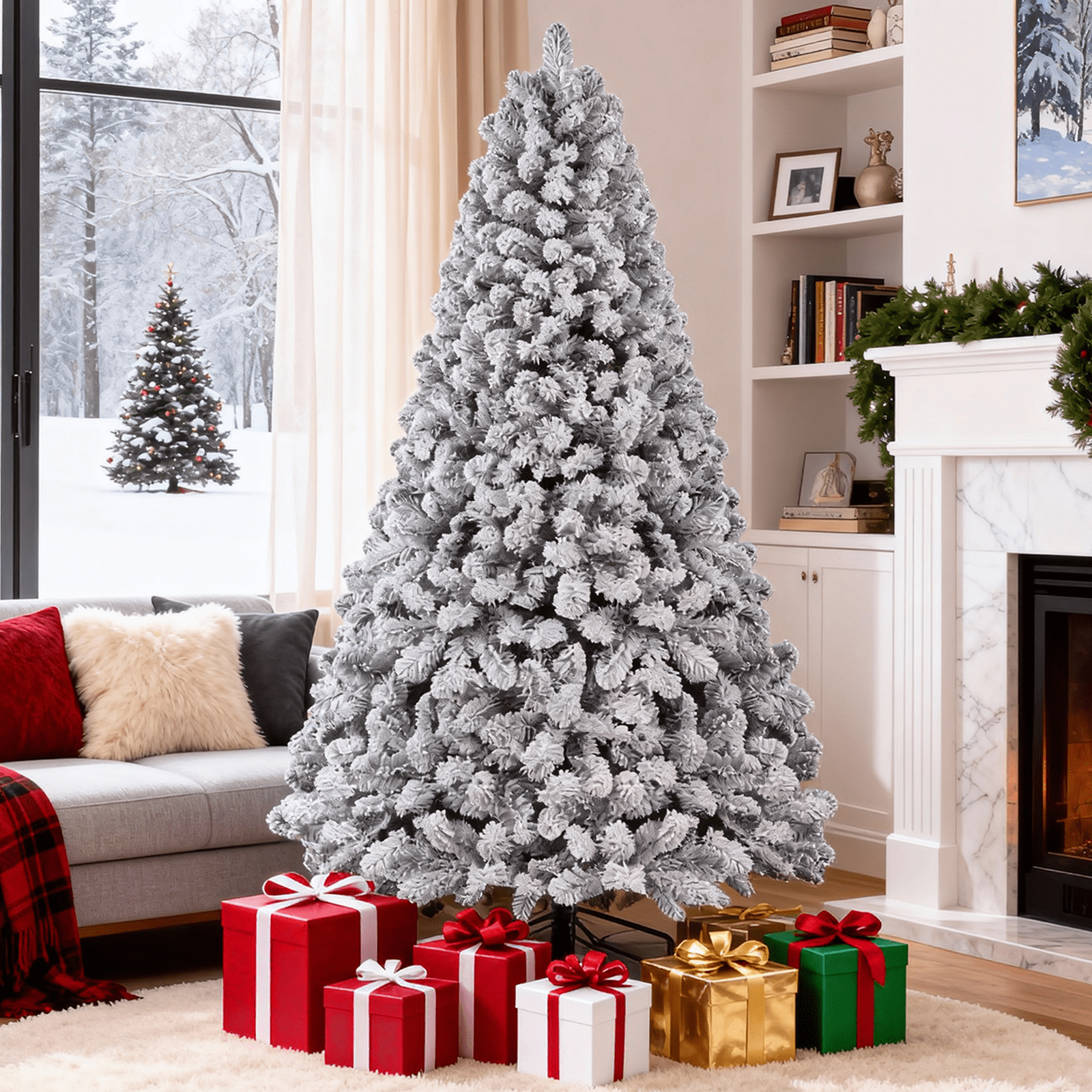SUGIFT Snow Flocked Christmas Tree 7.5ft Full Artificial Tree with 1405 Tips Hinged Branches PVC Needles Foldable Metal Stand Easy Assembly Winter Wonderland Decor