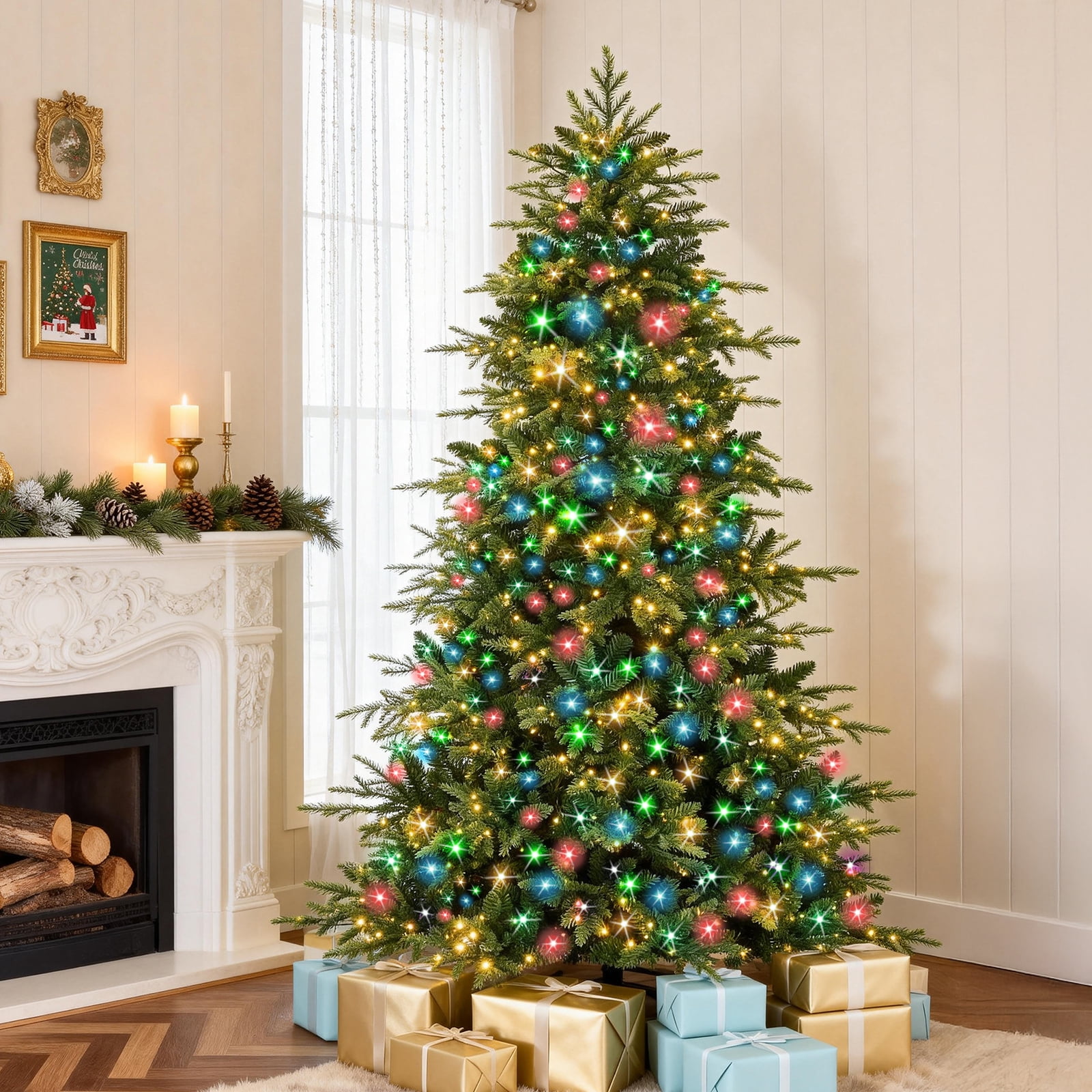 Vebreda Pre Lit Aspen Noble Fir Christmas Tree 6ft with 300 LED Lights and 11 Modes Full Shape Flame Retardant PE PVC Hinged Branches Easy 3 Step Assembly