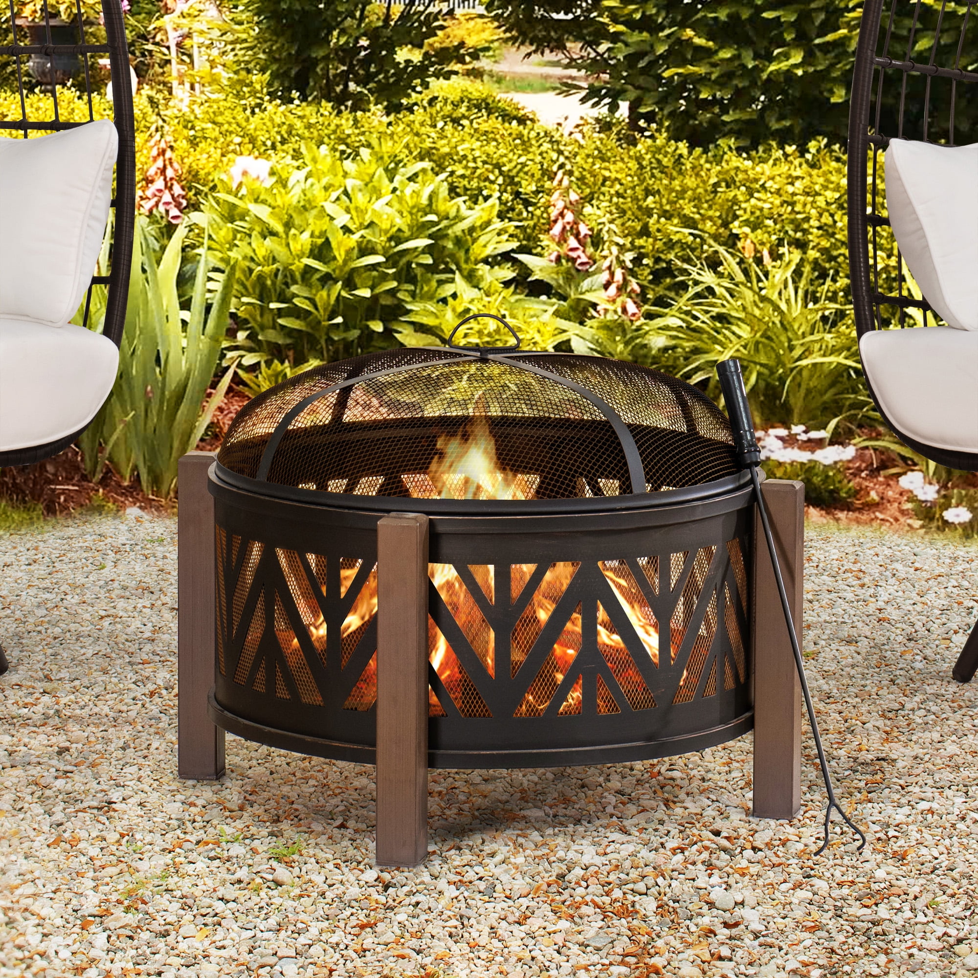 SUNJOY 27 Inch Fire Pit for Outside, Outdoor Steel Wood Burning Fire Pits with Mesh Spark Screen and Fire Poker, Large Bonfire for Patio and Backyard, Black with Burnished Gold Highlights