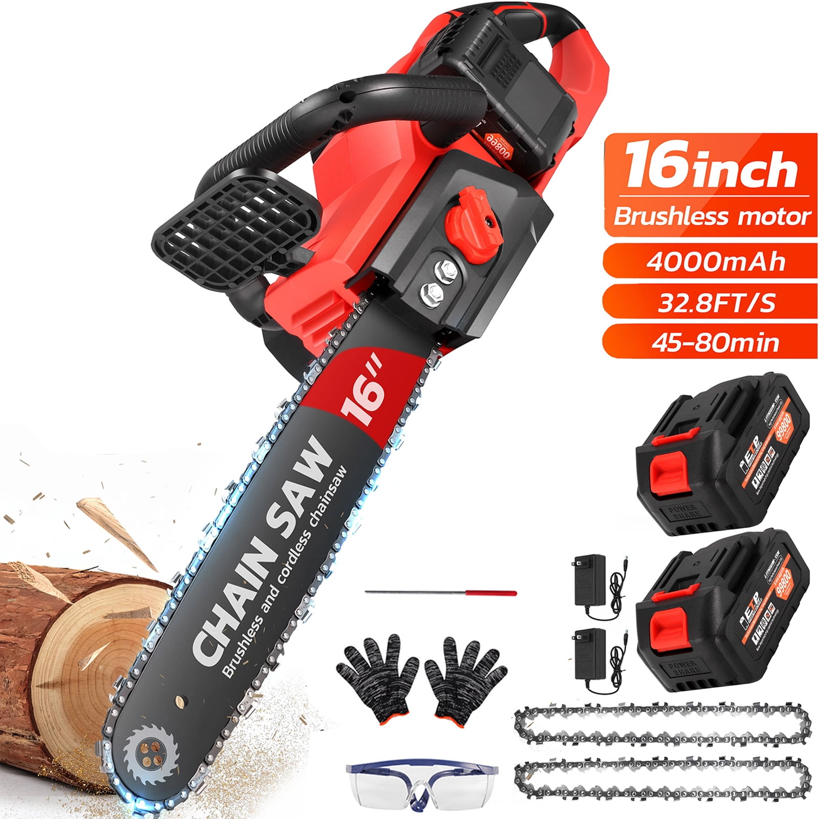 16" 42V Brushless Cordless Chainsaw Kit, 1200W Battery Powered Chain Saw with 2×2000mAh Batteries & 2 Chains, Electric Saw for Wood Cutting Tree Trimming