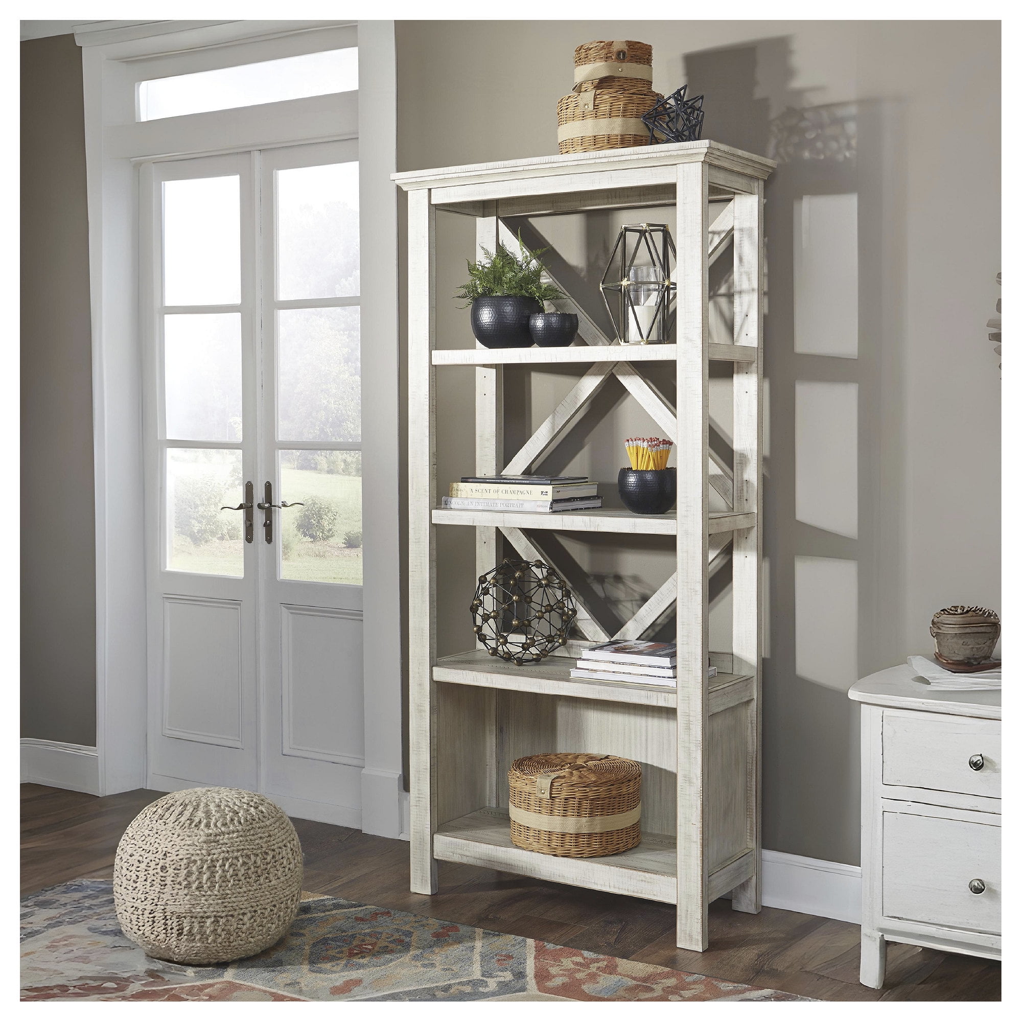 Signature Design by Ashley Carynhurst Large Bookcase, Whitewash Finish, Adjustable Shelves, Modern Farmhouse