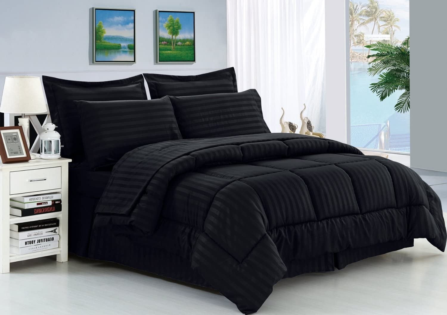 Silky Soft Dobby Stripe Bed-in-a-Bag 8-Piece Comforter Set ---Full/Queen Black