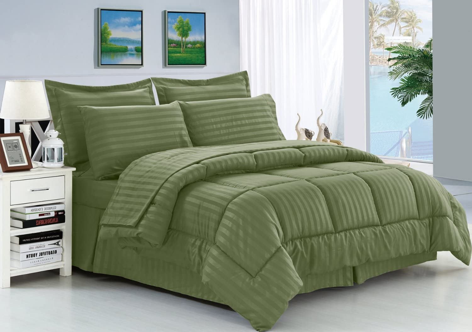 Silky Soft Dobby Stripe Bed-in-a-Bag 8-Piece Comforter Set ---Full/Queen Sage