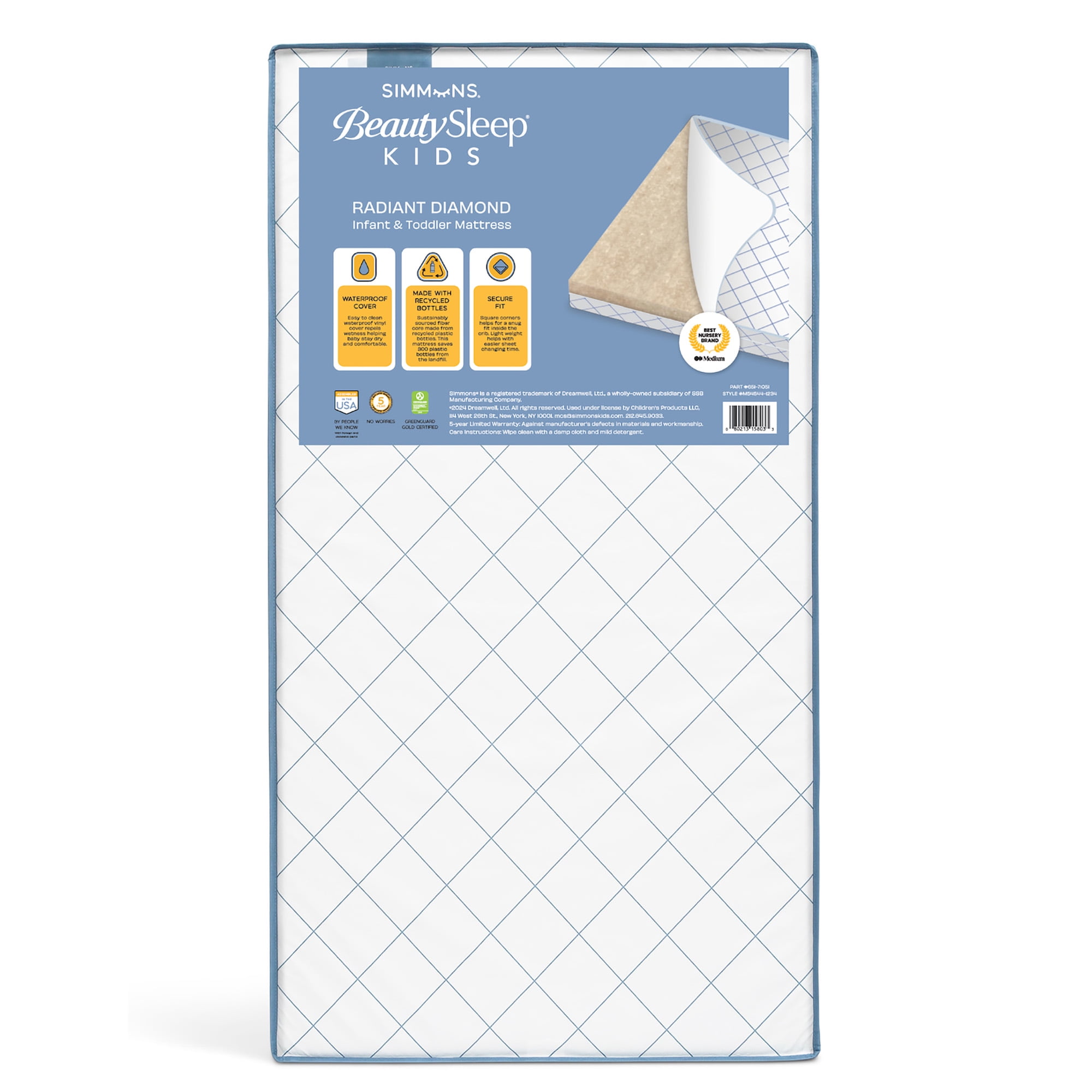 Simmons BeautySleep Kids Radiant Diamond Crib and Toddler Mattress, Waterproof, Extra Firm, GREENGUARD Gold, Sustainably Sourced Fiber Core, White/Blue