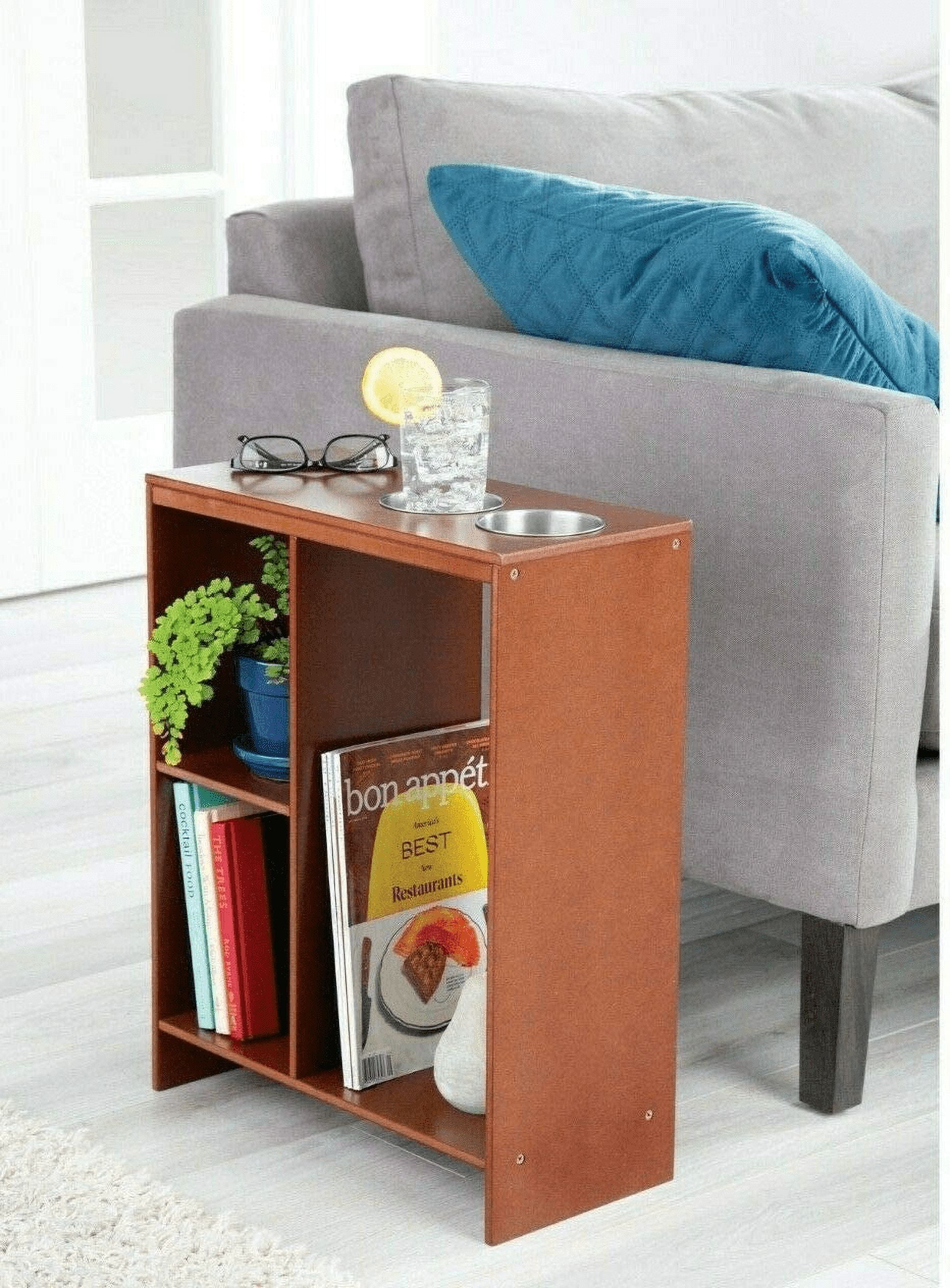Slim End Table with Drink Holders -Side Sofa Table with Built-in Shelving
