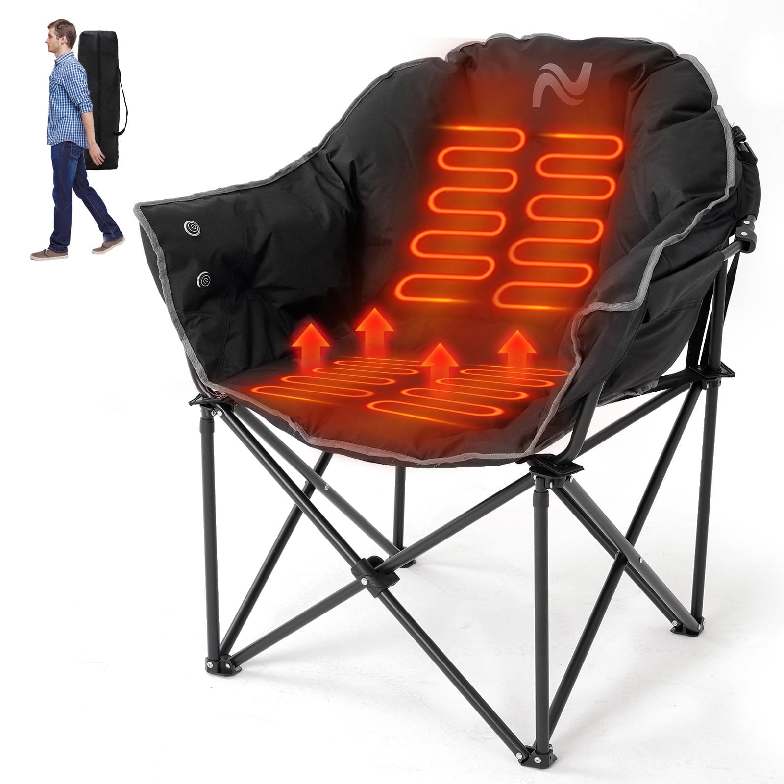 Slsy Oversized Heated Camping Chair, XL Padded Patio Lounge Chairs with 3 Heat Levels, Portable Folding Heated Chair Round Moon Saucer Folding Lawn Chair Outdoor Chair for Camping, Lounge Patio