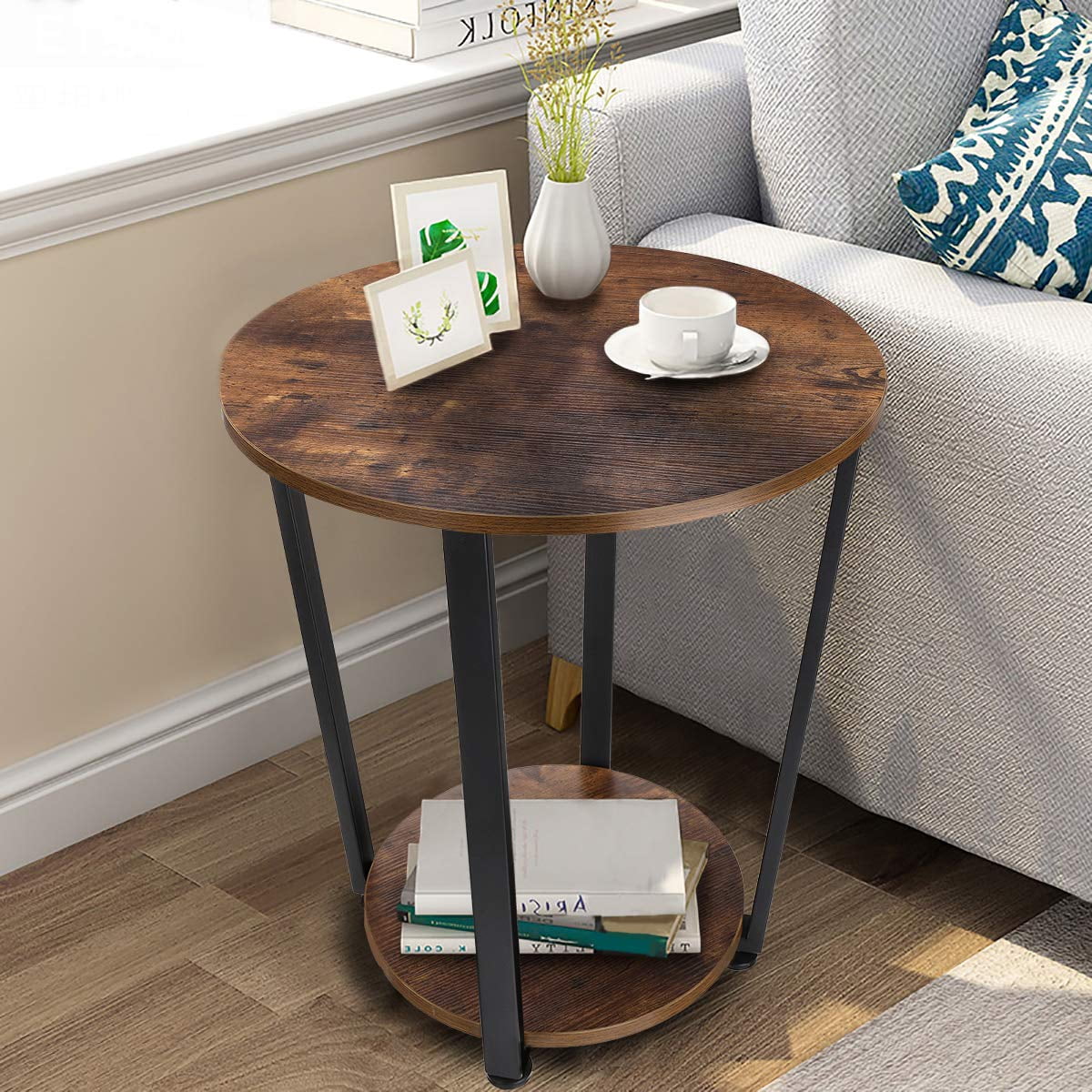 Small Round 2 Tier Wooden Side End Table for Small Spaces Bedroom Living Room Accent Tables Nightstand 22 Inch Height, Brown and Black Frame