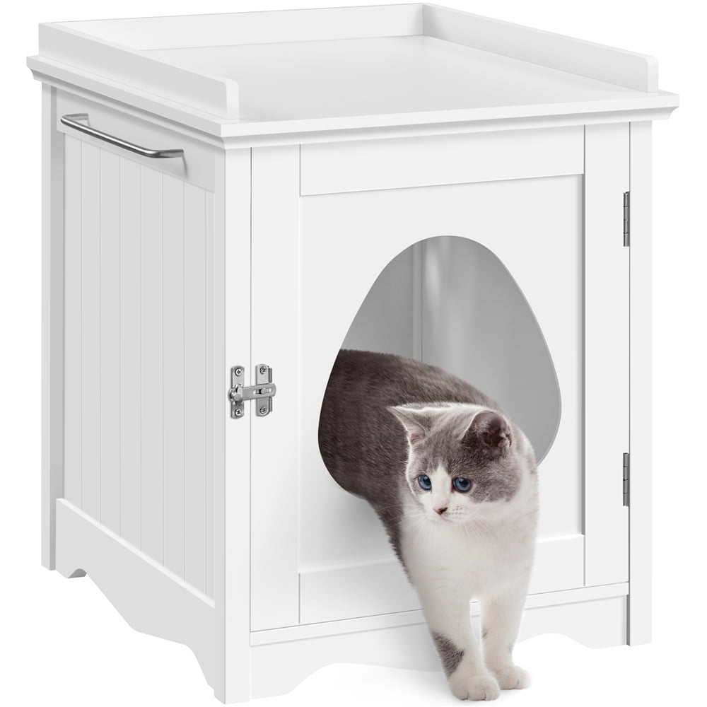 Alden Design Indoor Wooden Cat Litter Box Furniture Enclosure, White
