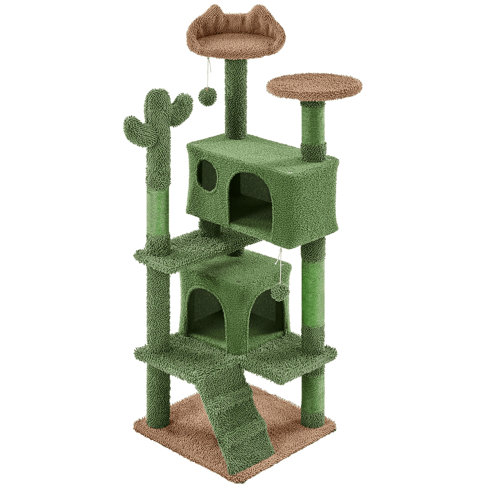 Alden Design 54″ H Cactus Cat Tree with 2 Condos & Scratching Posts, Green/Brown