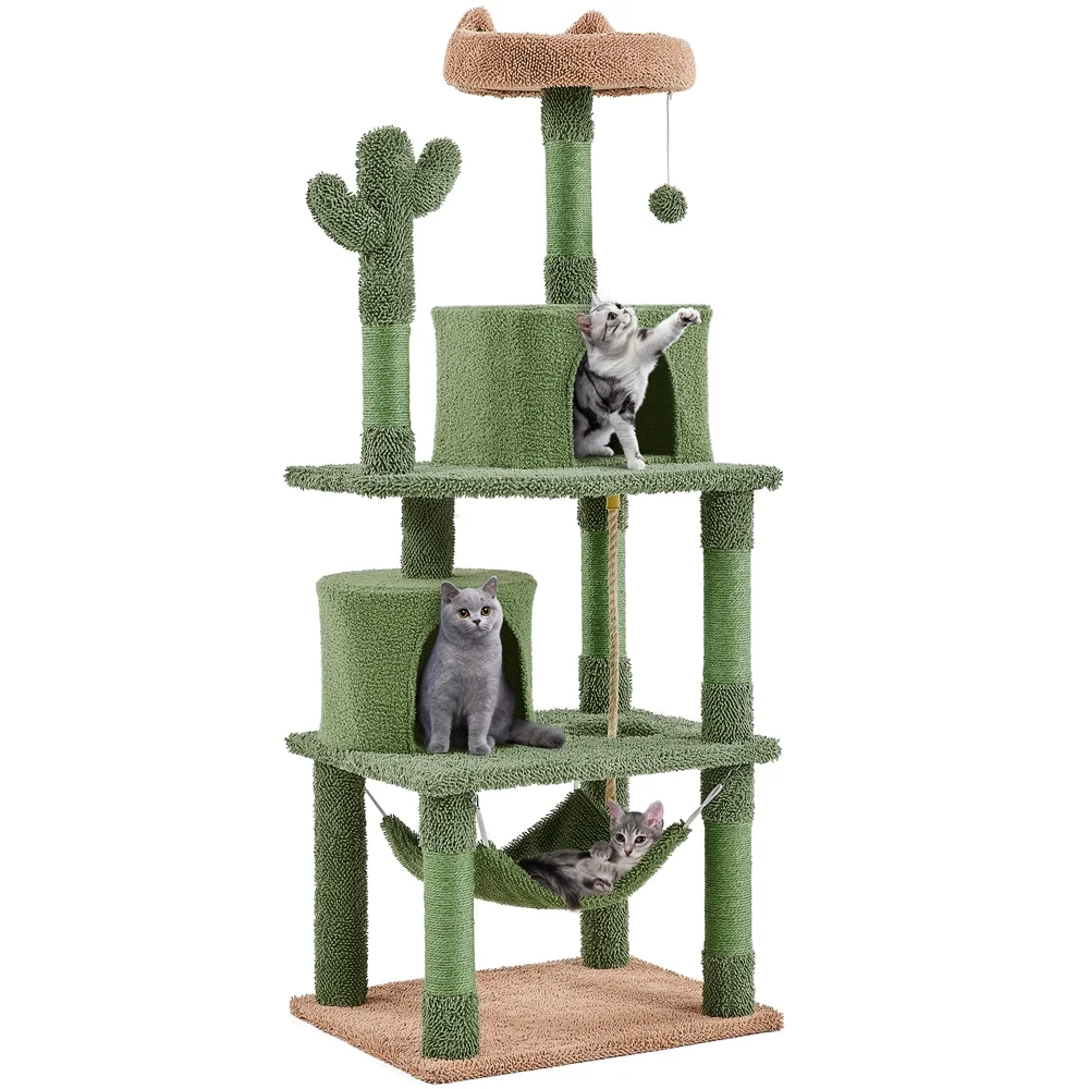 Alden Design 62.5″ H Cactus Cat Tree with Padded Perch for Medium-sized Cats, Green/Brown
