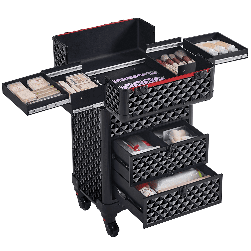 Alden Design Professional Rolling Makeup Train Case Large Locks Cosmetic Trolley Black