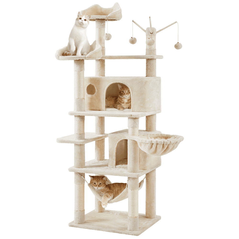 Alden Design 67″ H Large Multi-Level Cat Tree with 2 Cat Condos for Indoor Cats, Beige