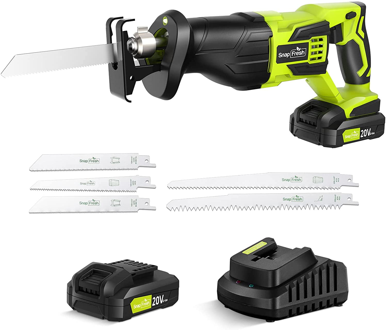 SnapFresh 20V Cordless Reciprocating Saw 3000SPM w/2.0Ah Battery & Charger, 5 PCS Blade, LED