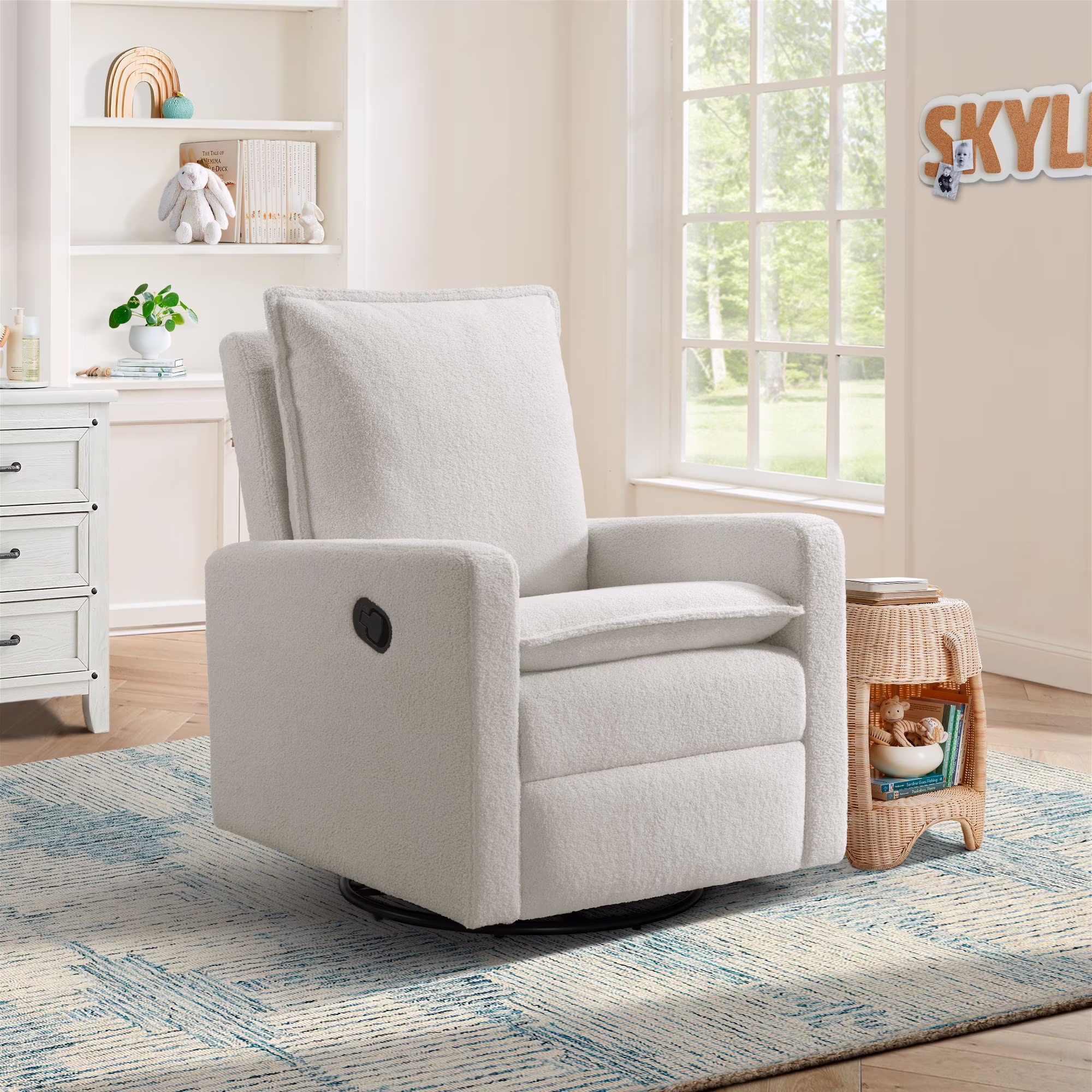 Soho Baby Coventry Manual Upholstered Glider Recliner Rocking Chair 360° Swivel for Nursery and Living Room – Boucle White