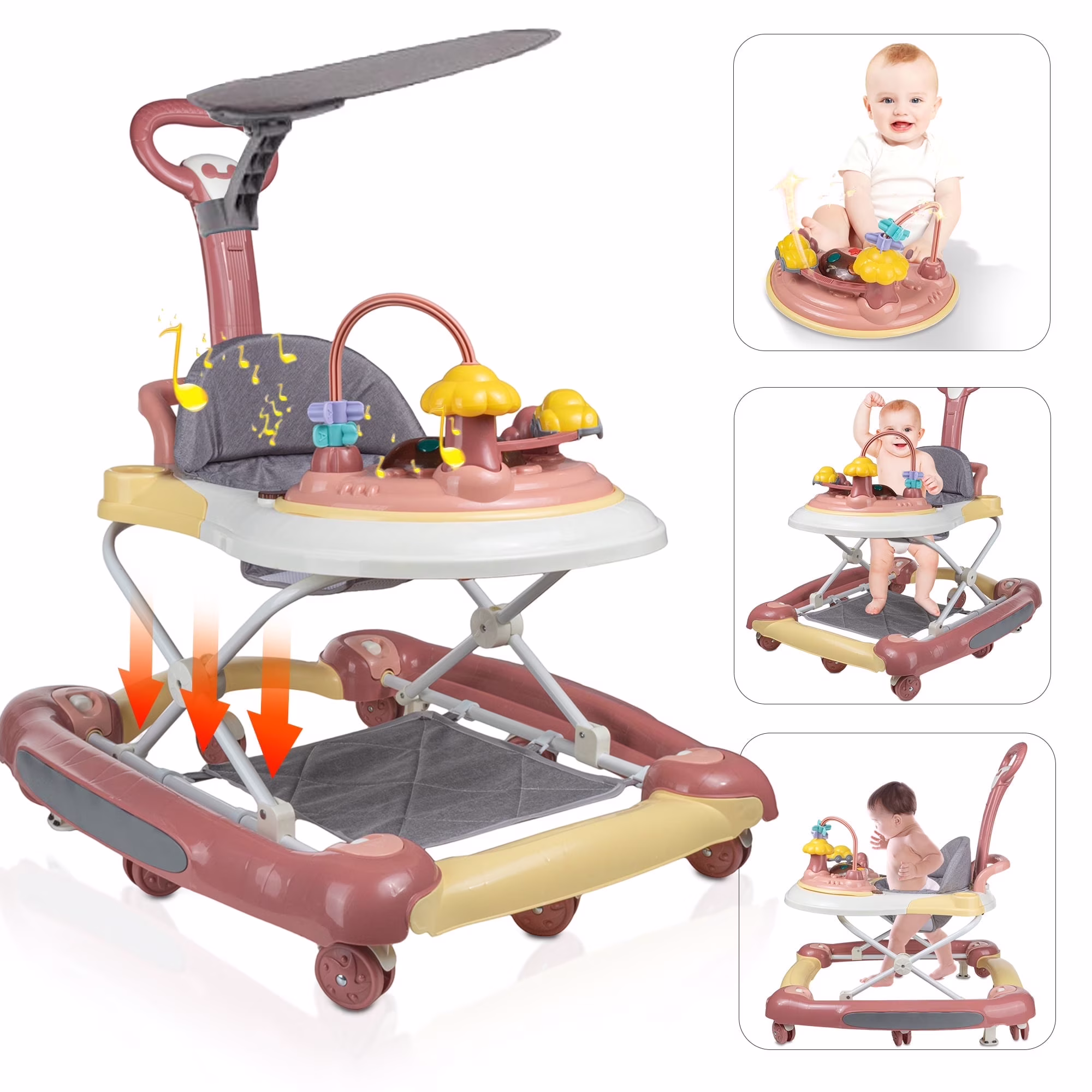 SolarSoda 4 in 1 Baby Walker with Wheels, Foldable Walker for Baby Boys Girls, 7 Months+(Pink)