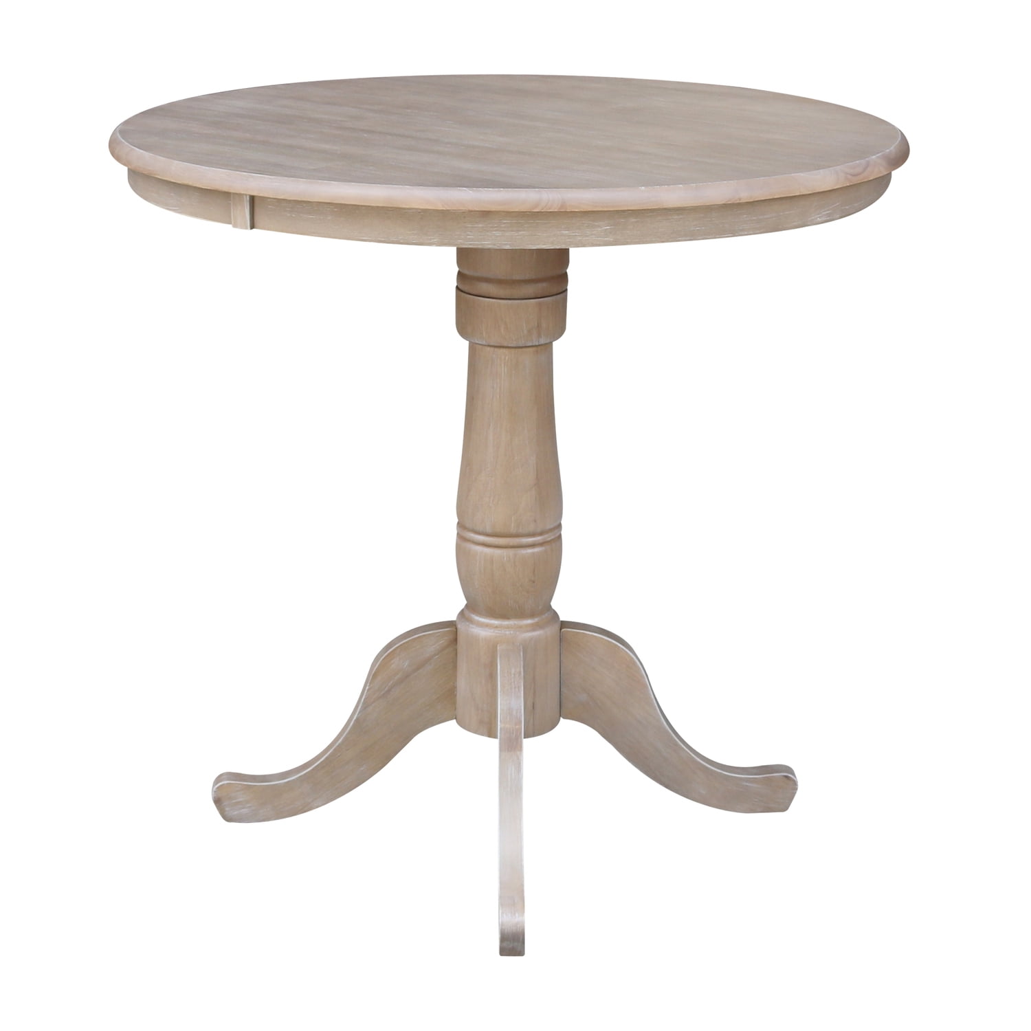Solid Wood 36" x 36" Round Pedestal Dining Table in Washed Gray Taupe