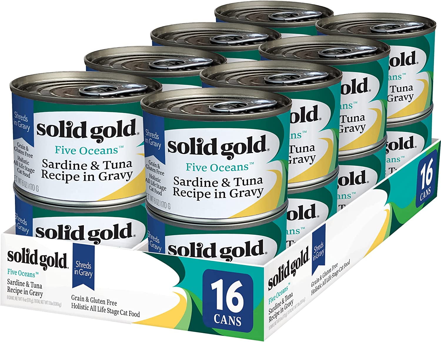 Solid Gold Shreds in Gravy with Real Tuna & Sardine for Cats - Canned Wet Cat Food - Grain & Gluten Free Shreds with Gravy - Superfood, Protein, Vitamins, Minerals & Amino Acids - 16ct/6oz Can