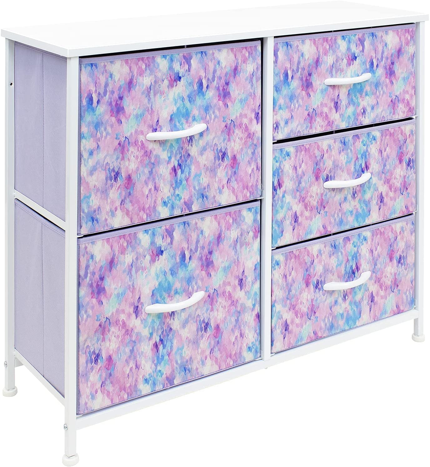 Sorbus Dresser with 5 Drawers - Furniture Storage Chest for Kid’s, Teens, Bedroom, Nursery, Playroom, Clothes, Toys - Steel Frame, Wood Top, Tie-dye Fabric Bins (Blue/Pink/Purple)