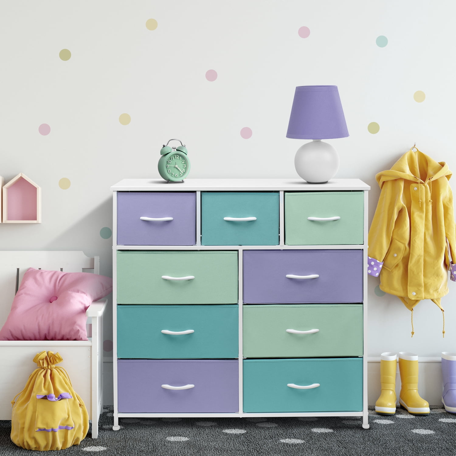 Sorbus Kids Bedroom Dresser - Chest of 9 Drawers with Steel Frame, Wood Top, and Pastel Fabric Bins