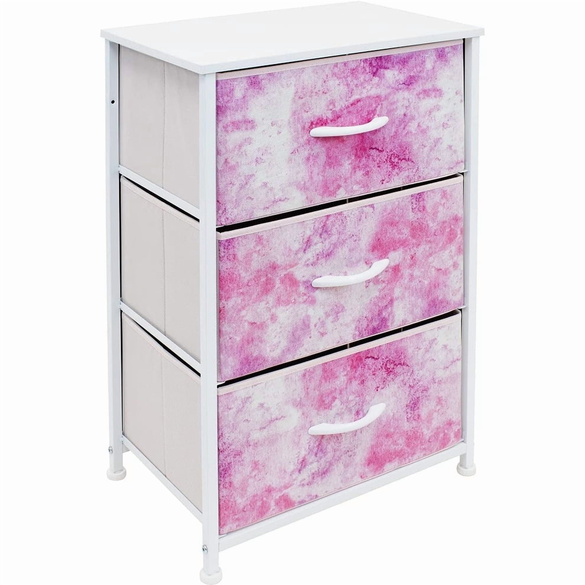 Sorbus Nightstand Storage Organizer Chest with 3 Drawers - Kids Girls, Boys Bedroom Furniture Chest for Clothes, Closet Organization - Steel Frame, Wood Top, Tie-dye Fabric Bin (3-Drawer, Pink)