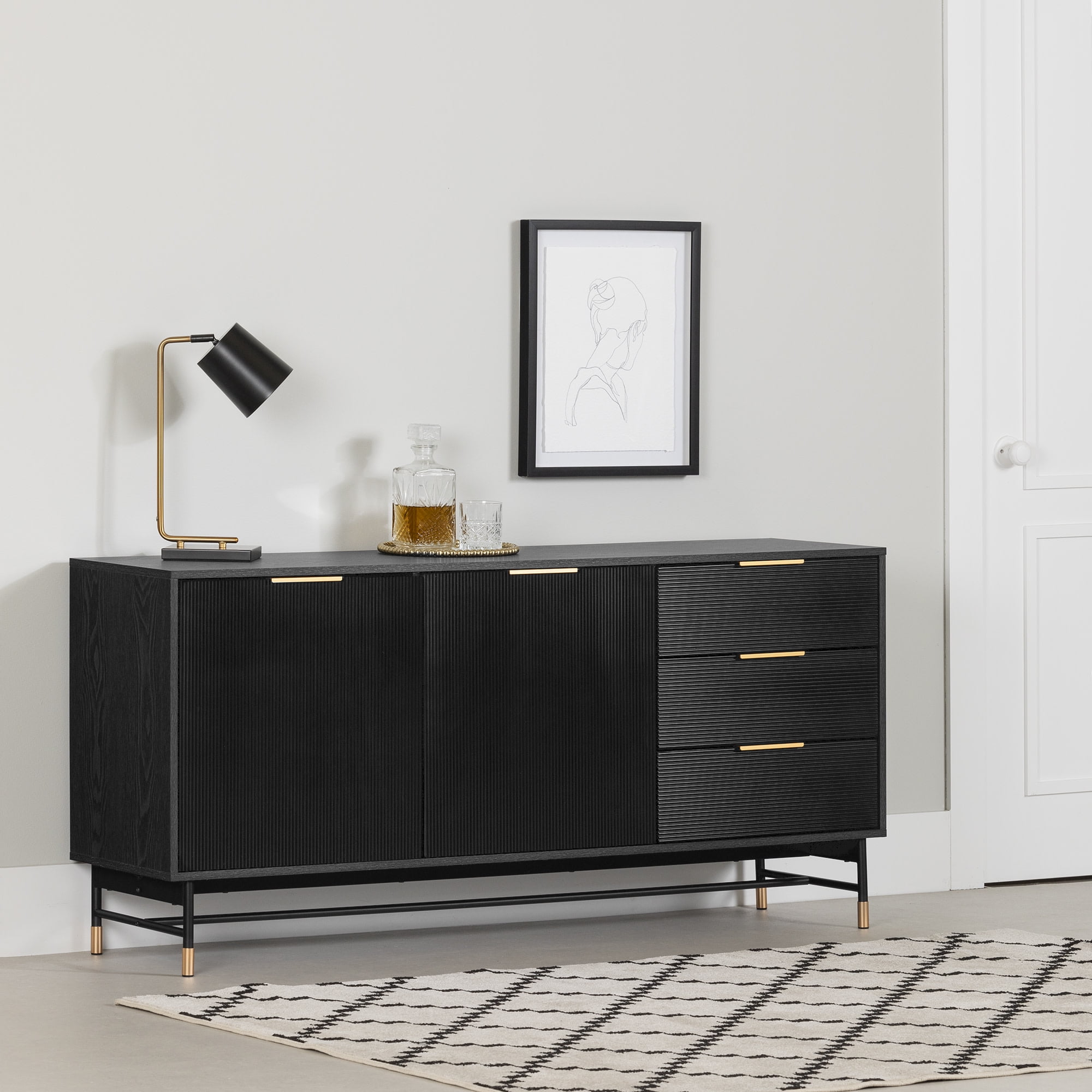 South Shore Arlo, Mid-century Glam Sideboard, Black