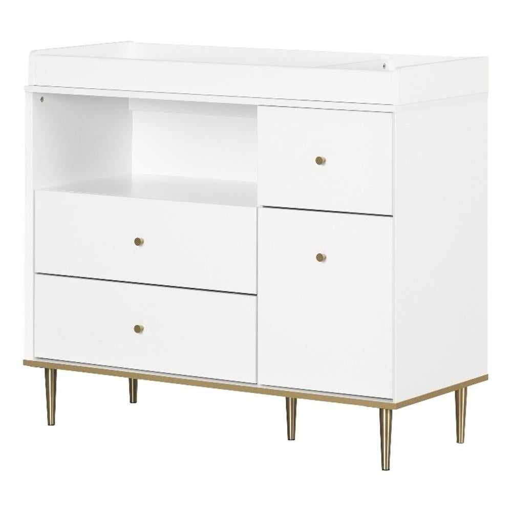South Shore Dylane, Mid-century Glam Changing Table with Drawers and Open Storage, Pure White