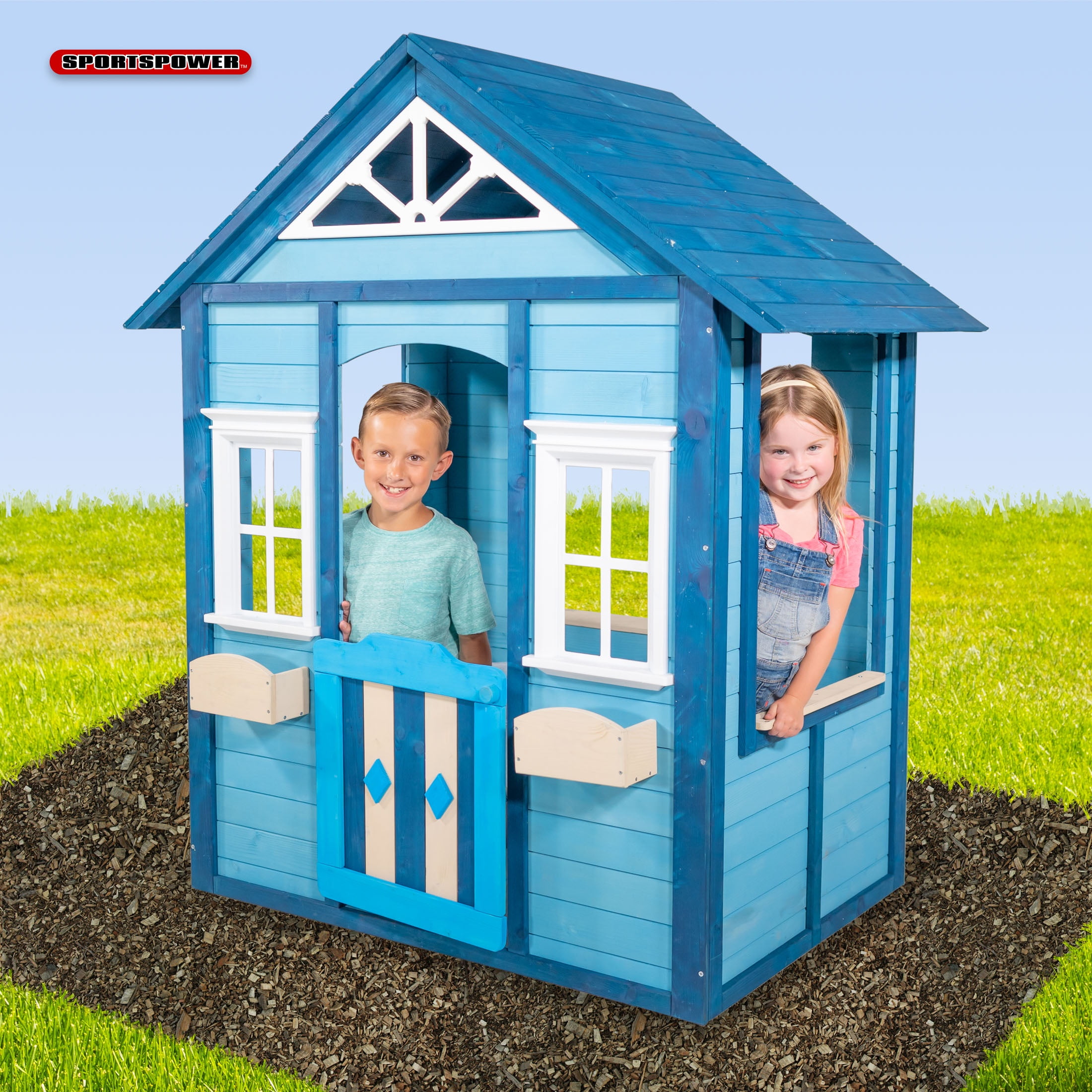 Sportspower Woodbridge Wooden Playhouse for Kids, Blue, Ages 3–8, ASTM Certified