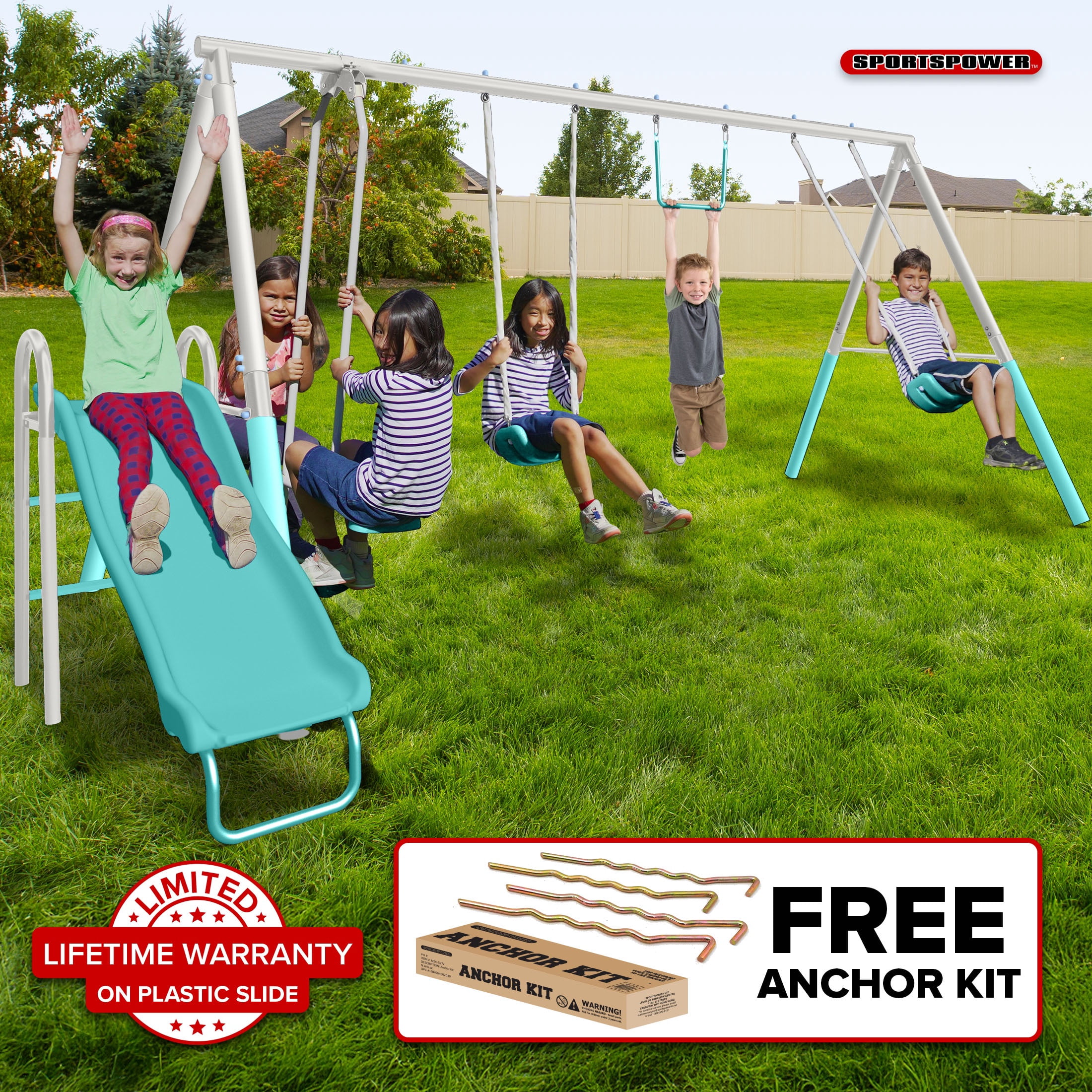 Sportspower Arcadia Metal Swing Set for Kids Ages 3-8, Outdoor Backyard Playset with Trapeze, 2-Person Glider, 5-Foot Slide with Lifetime Warranty, Bonus Anchor Kit (TEAL)