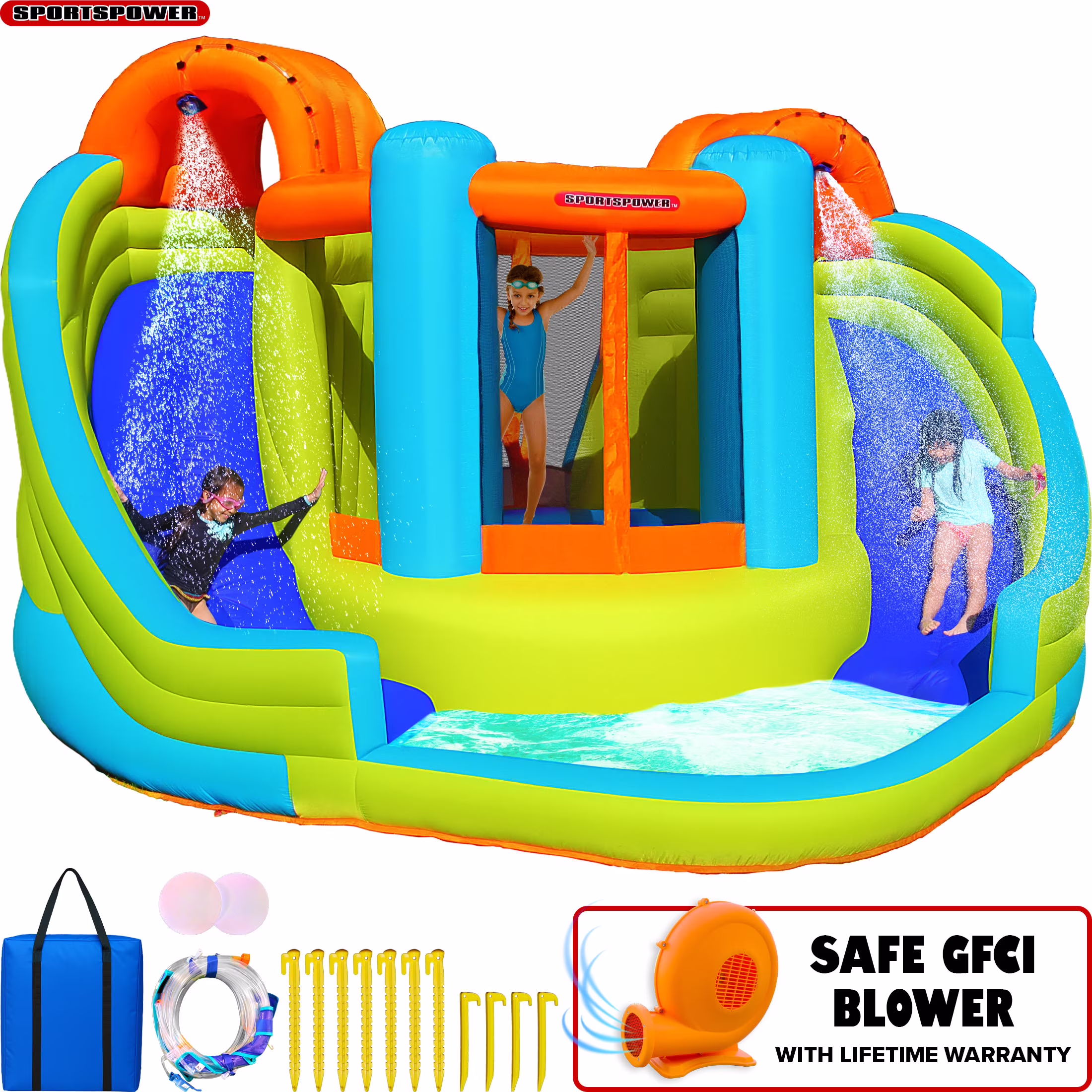 Sportspower™ Double Slide & Bounce House with Splash Pool, Water Sprinklers, Heavy Duty, ASTM Certified, Ages 3-8, Lifetime Warranty on Included Blower