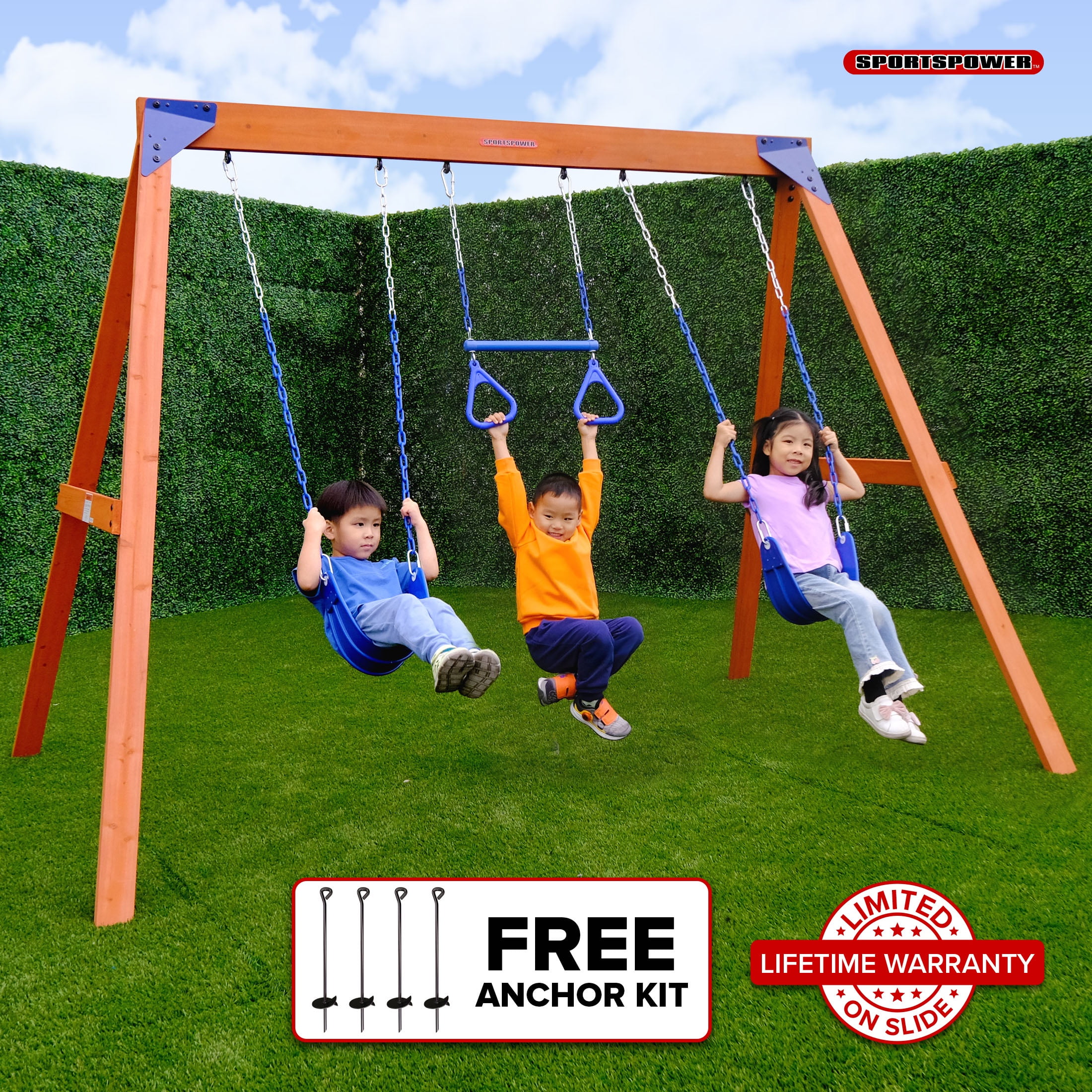 Sportspower™ Kingston Wooden Swing Set with 2 Height Adjustable Swings and Trapeze Swing Bar, Backyard Outdoor Playset for Kids