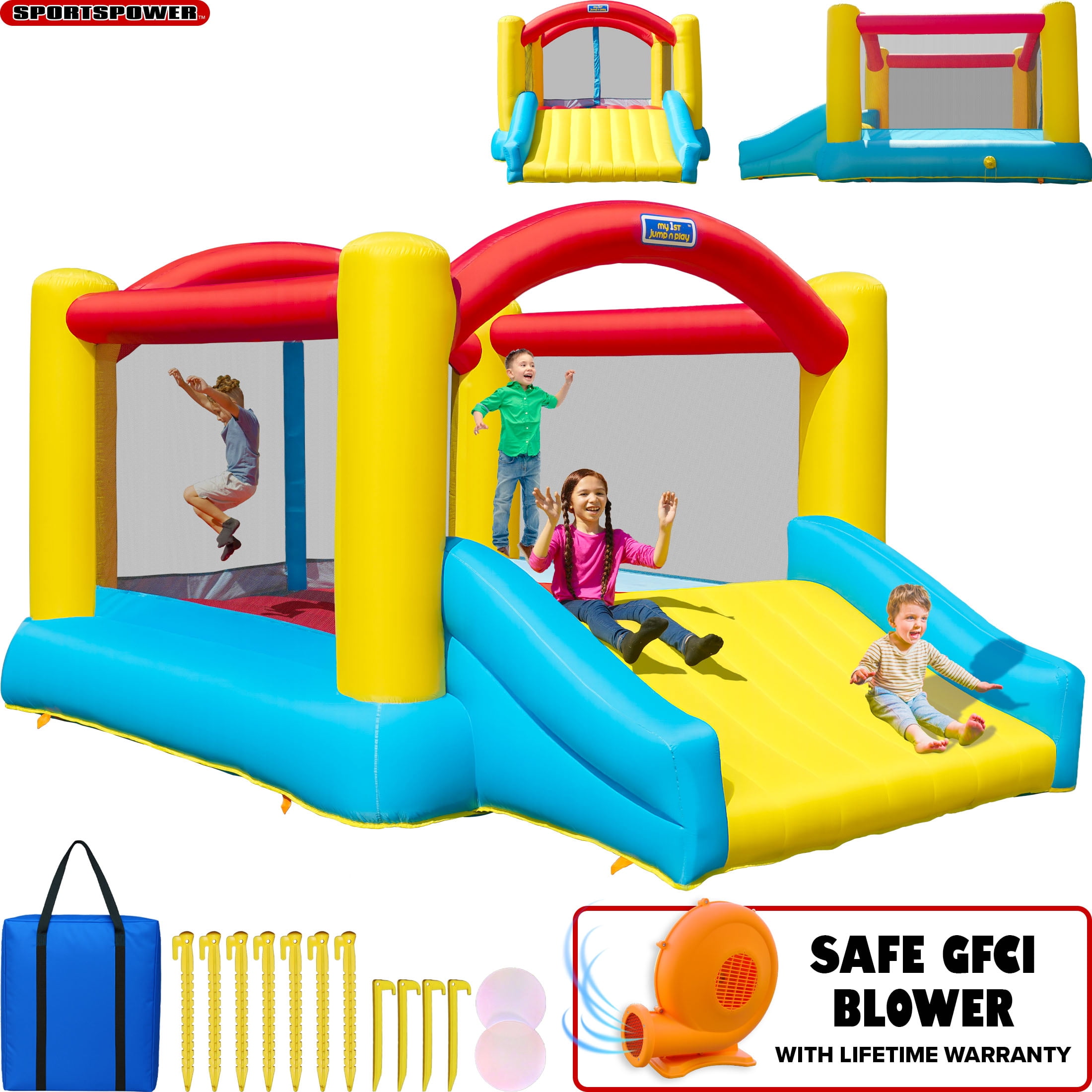Sportspower inflatable bounce house with slide for kids, indoor outdoor bouncy castle jumper, blow up jump house with air blower, backyard playground, ASTM certified, Heavy Duty, My first Jump N Play