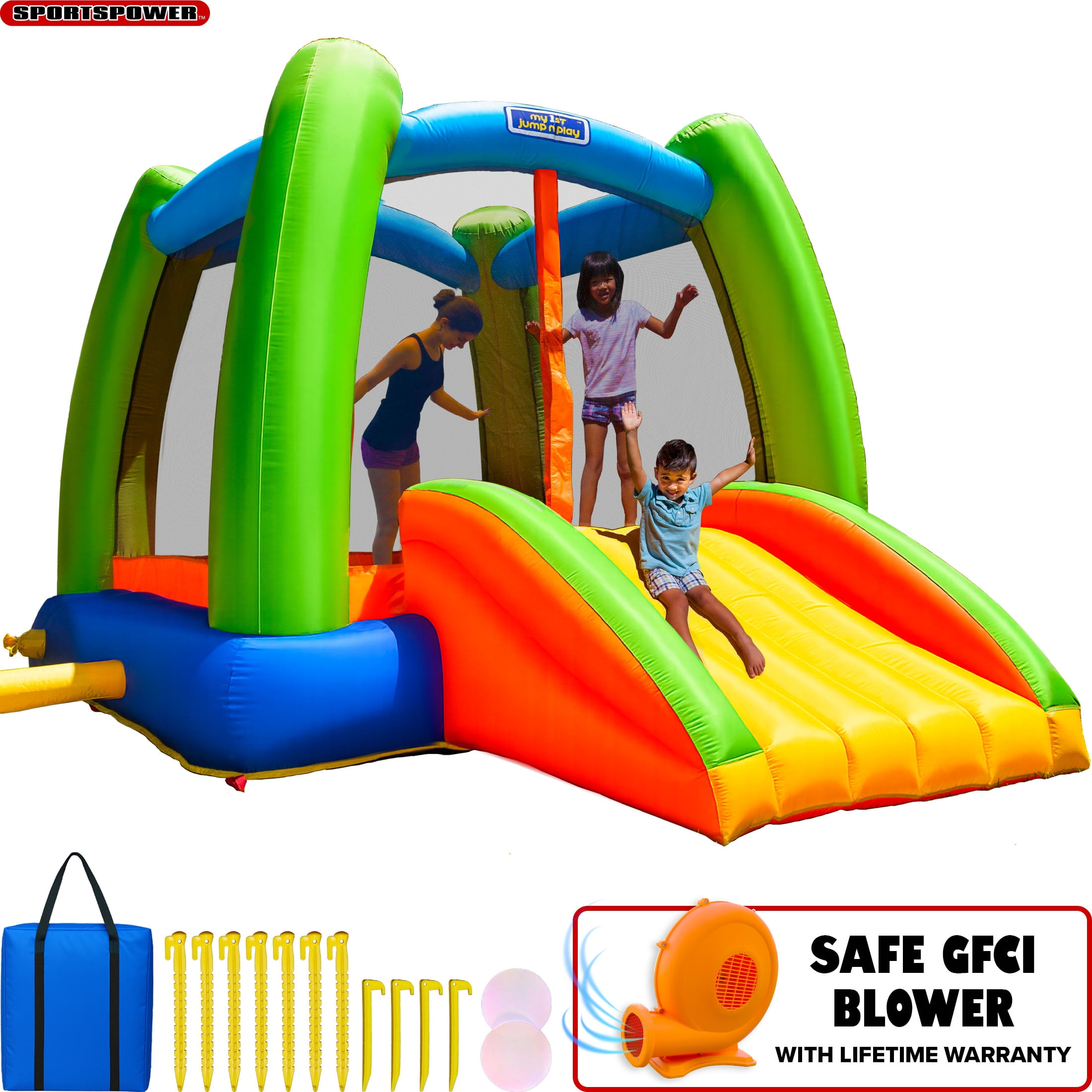 Sportspower My 1st Jump N Play Inflatable Bounce House With Slide - Ages 3-8, 16 Piece
