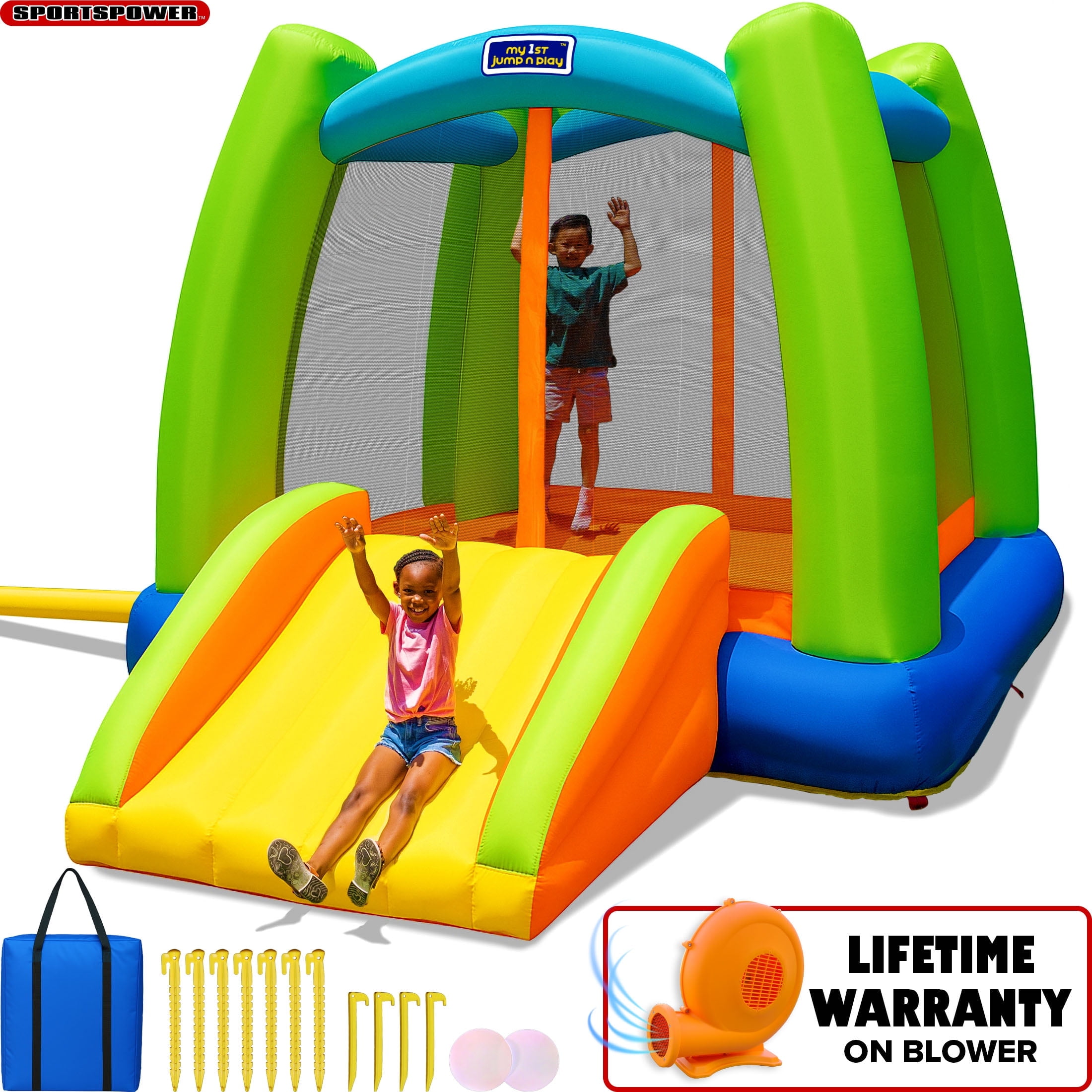 Sportspower My 1st Jump N Play Inflatable Bounce House for Kids with Slide & Mesh Shoe Pockets, 143 x 106" x 86", 400W Blower Included