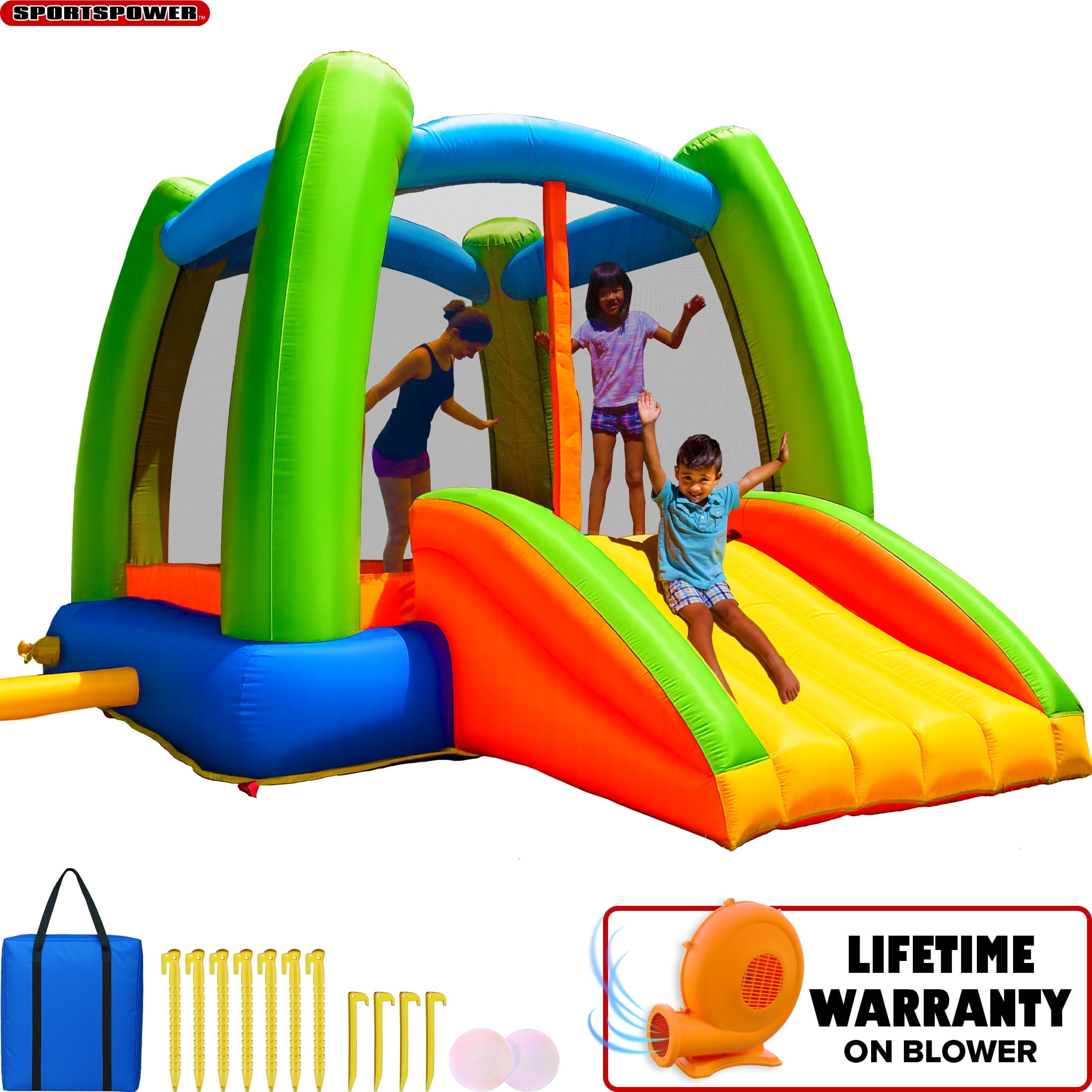 Sportspower My 1st Jump N Play Inflatable Bounce House with Slide & Mesh Shoe Pockets for kids, 106.3''x142.9''x85.8'', ASTM Certified, Lifetime Warranty on Blower