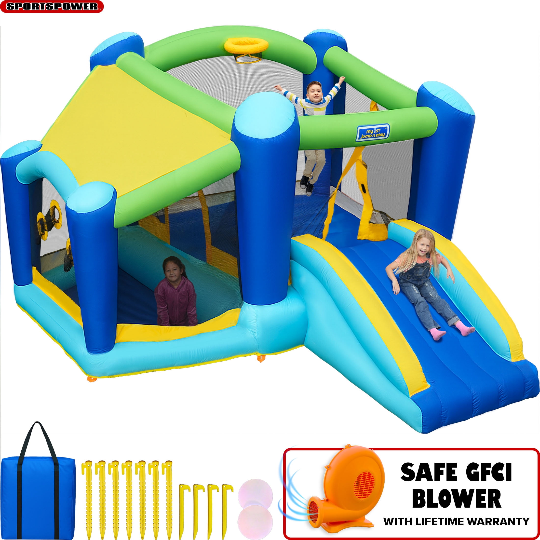 Sportspower My 1st Jump N Play Inflatable Bounce House - Ball Pit & Hoop - 132"x138"x81.6"
