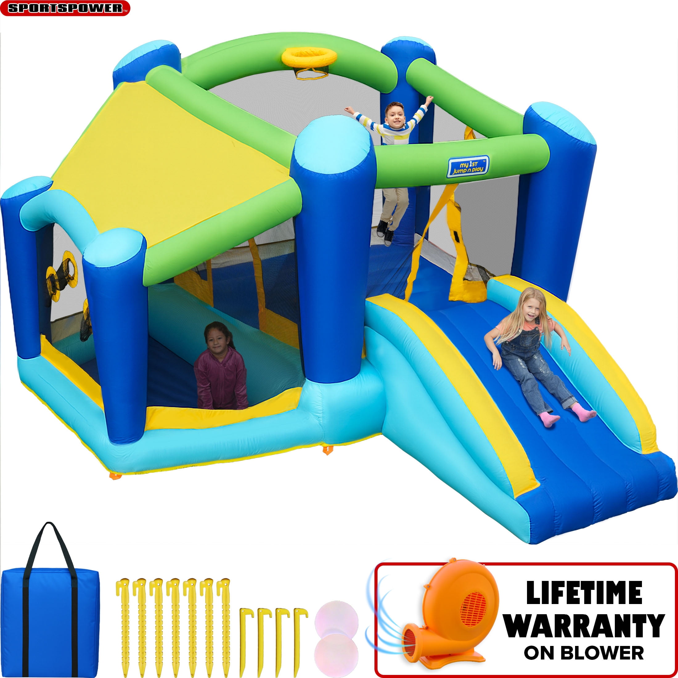 Sportspower My 1st Jump N Play Large Indoor/Outdoor Inflatable Bounce House for Kids with Ball Pit & Basketball Hoop, Backyard Bouncer, 400W Blower