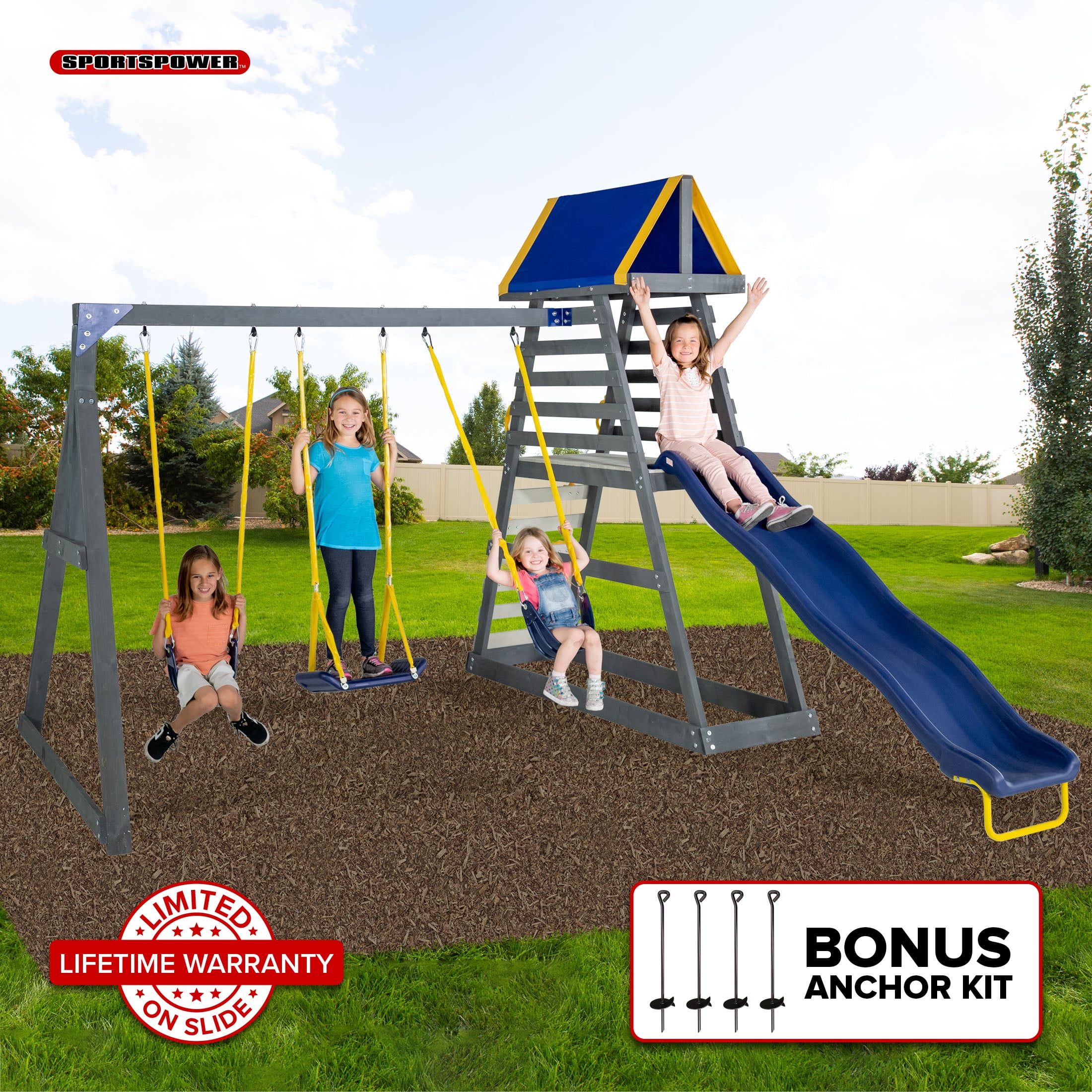 Sportspower Mill Creek Canyon Wooden Swing Set with Standing Swing, Rock Climber, Play Fort, 8' Slide, & Bonus Anchor Kit