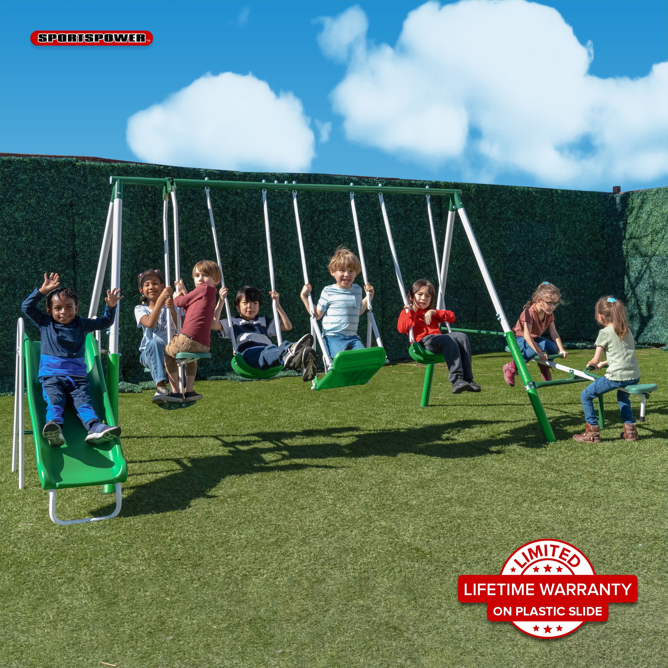 Sportspower 800LBS Park Ridge Metal Swing Set for Kids Ages 3-8, Backyard Playset with 2 Swings, Standing Swing, Roman Glider, Teeter Totter, 5-Ft Slide with Lifetime Warranty, BONUS Anchor Kit