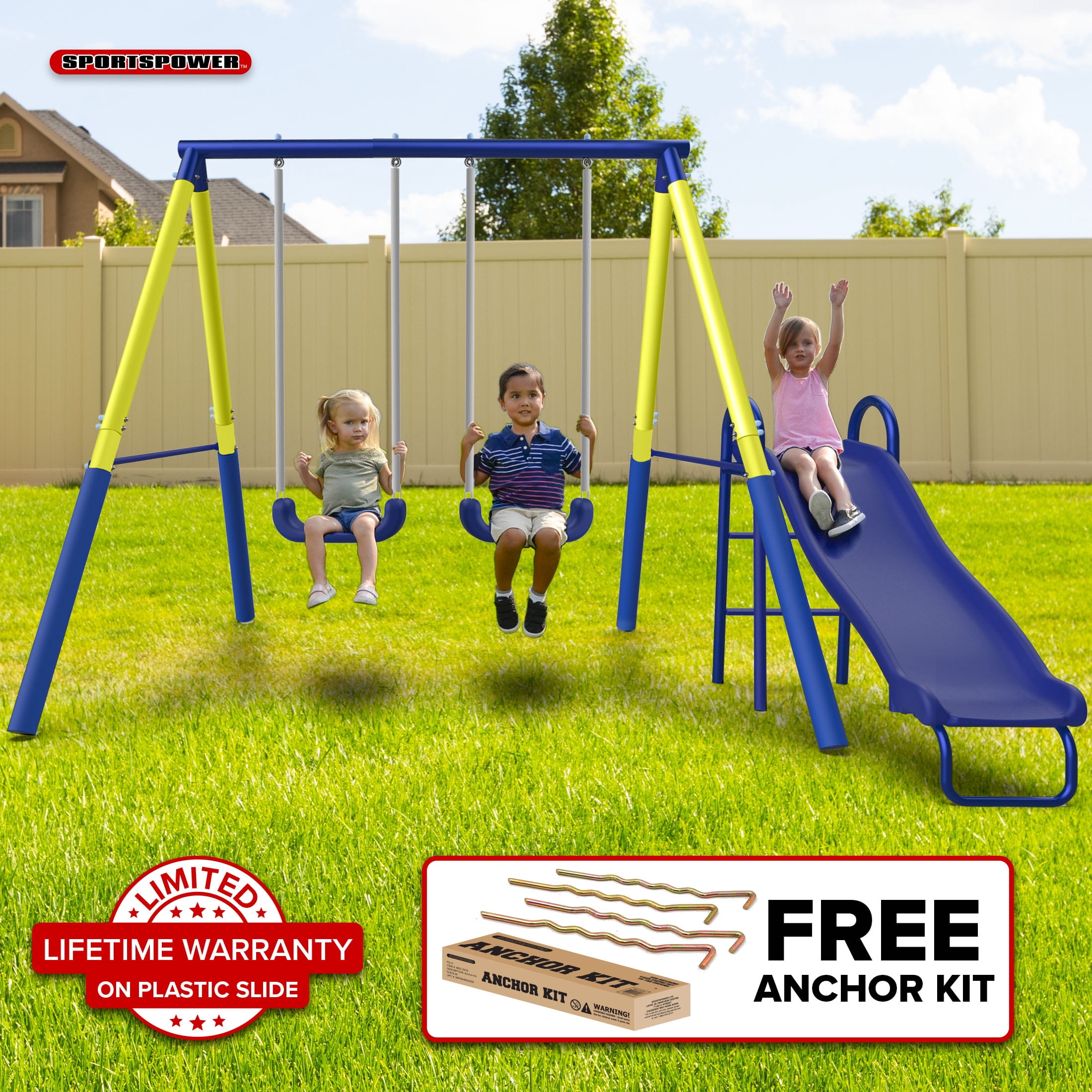 Sportspower Power Play Time Metal Swing Set with 2 Swings, Lifetime Warranty on Blow Molded Slide, & Bonus Anchor Kit, Great for Kids 3-8