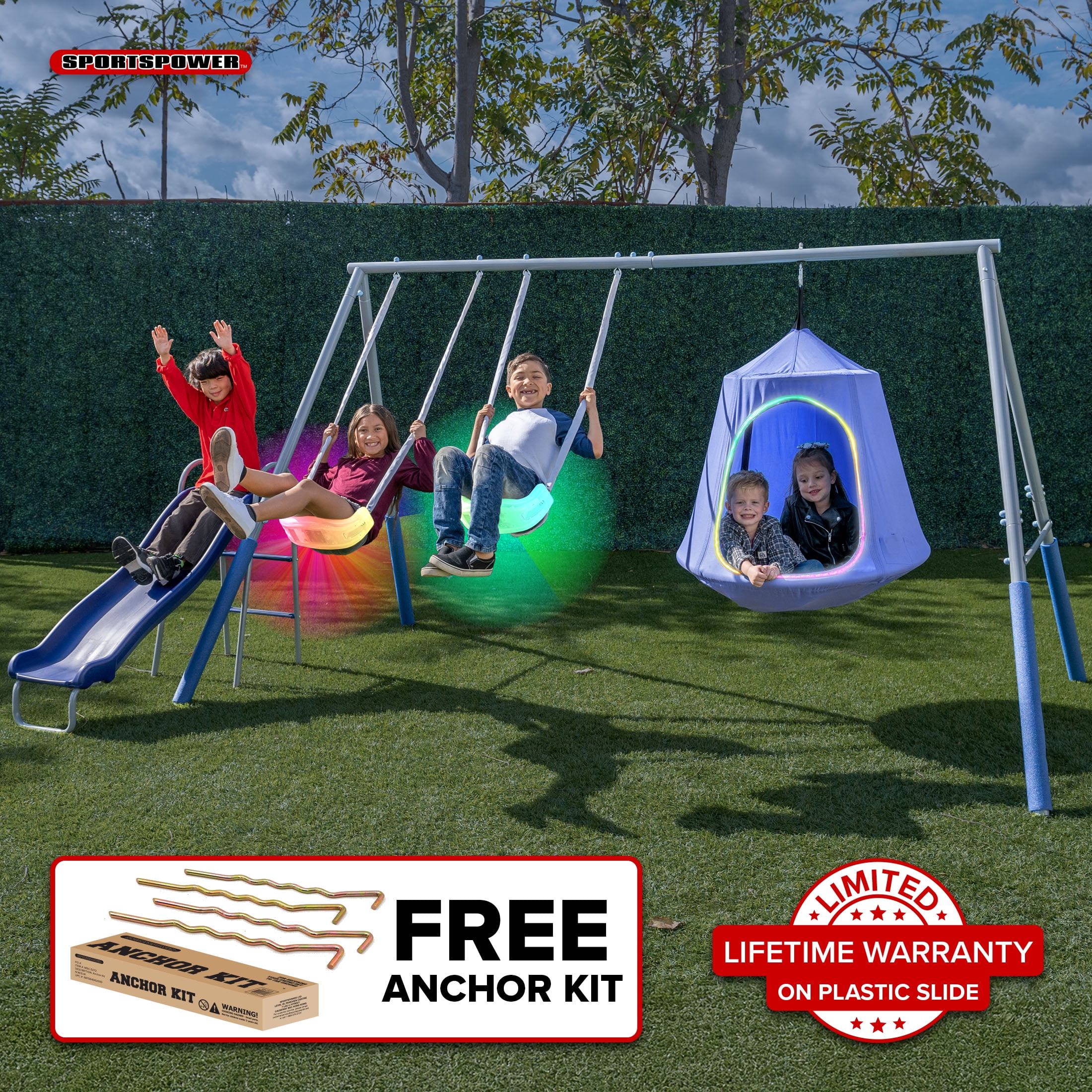 Sportspower Shooting Star Metal Swing Set with LED Swings, 5' Slide with Lifetime Warranty, & Bonus Anchor Kit, Great for Kids Aged 3-8