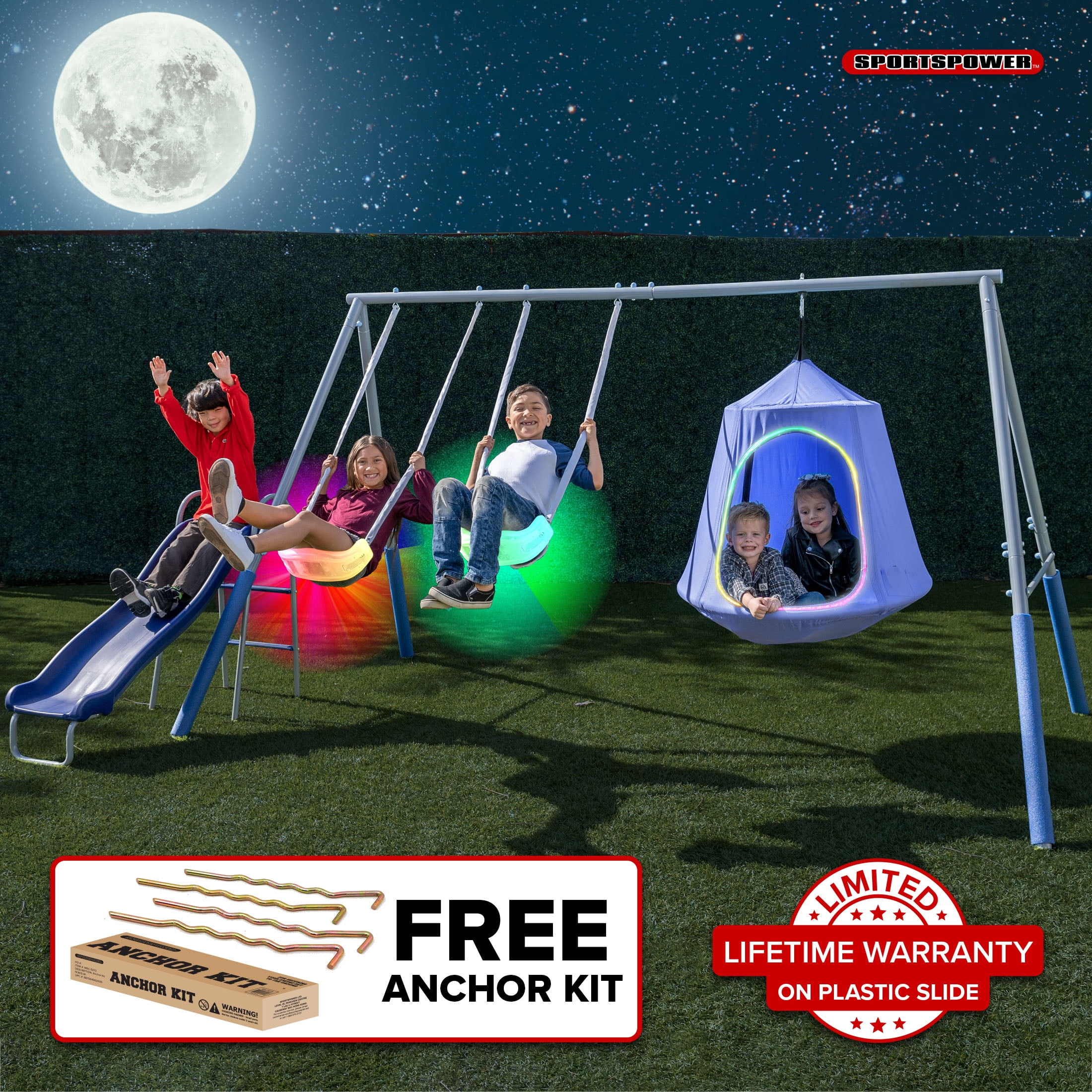 Sportspower Shooting Star Metal Swing Set with LED Swings, 5' Slide with Lifetime Warranty, & Bonus Anchor Kit, Great for Kids Aged 3-8