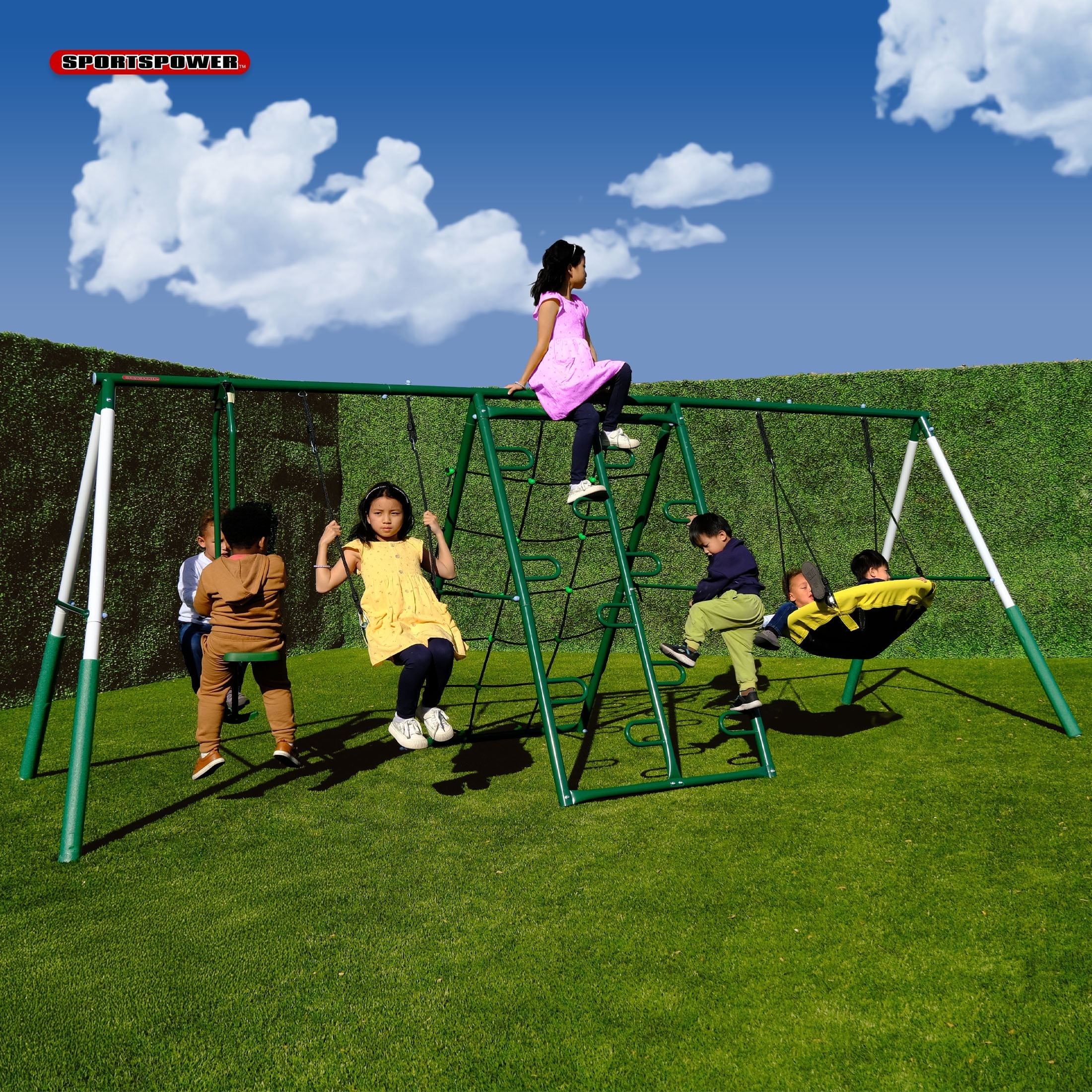 Sportspower Swing Climb & Glide Metal Swing Set 6 in 1 with Heavy-Duty A-Frame, Belt Swing, Glider, Saucer, Climbing & Net Ladders, for Ages 3-8