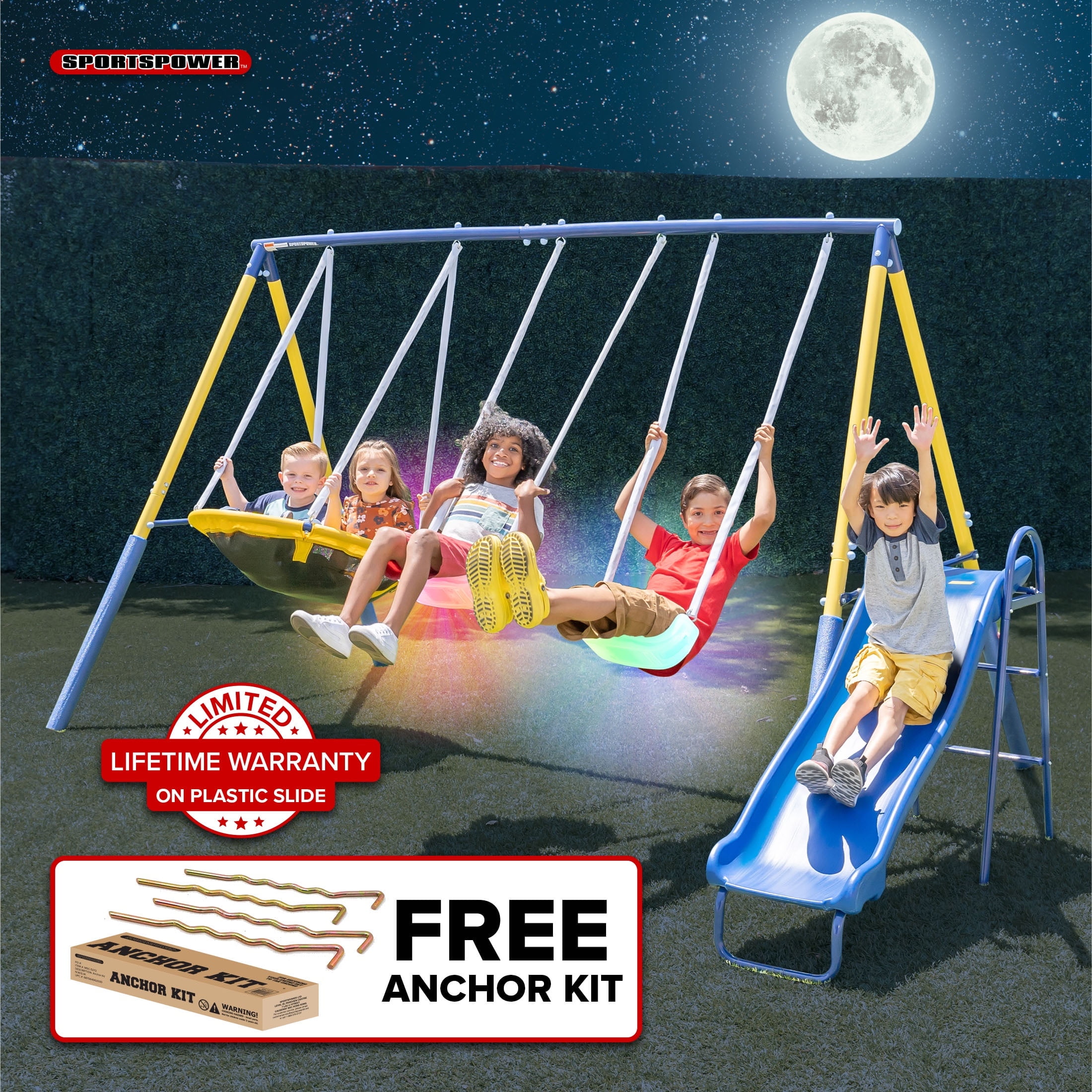 Sportspower Starlight Metal Swing Set for Kids Ages 3–8 with 2 LED Swings, Saucer Swing, 5ft Slide, 6ft Durable Steel Frame & Bonus Anchor Kit