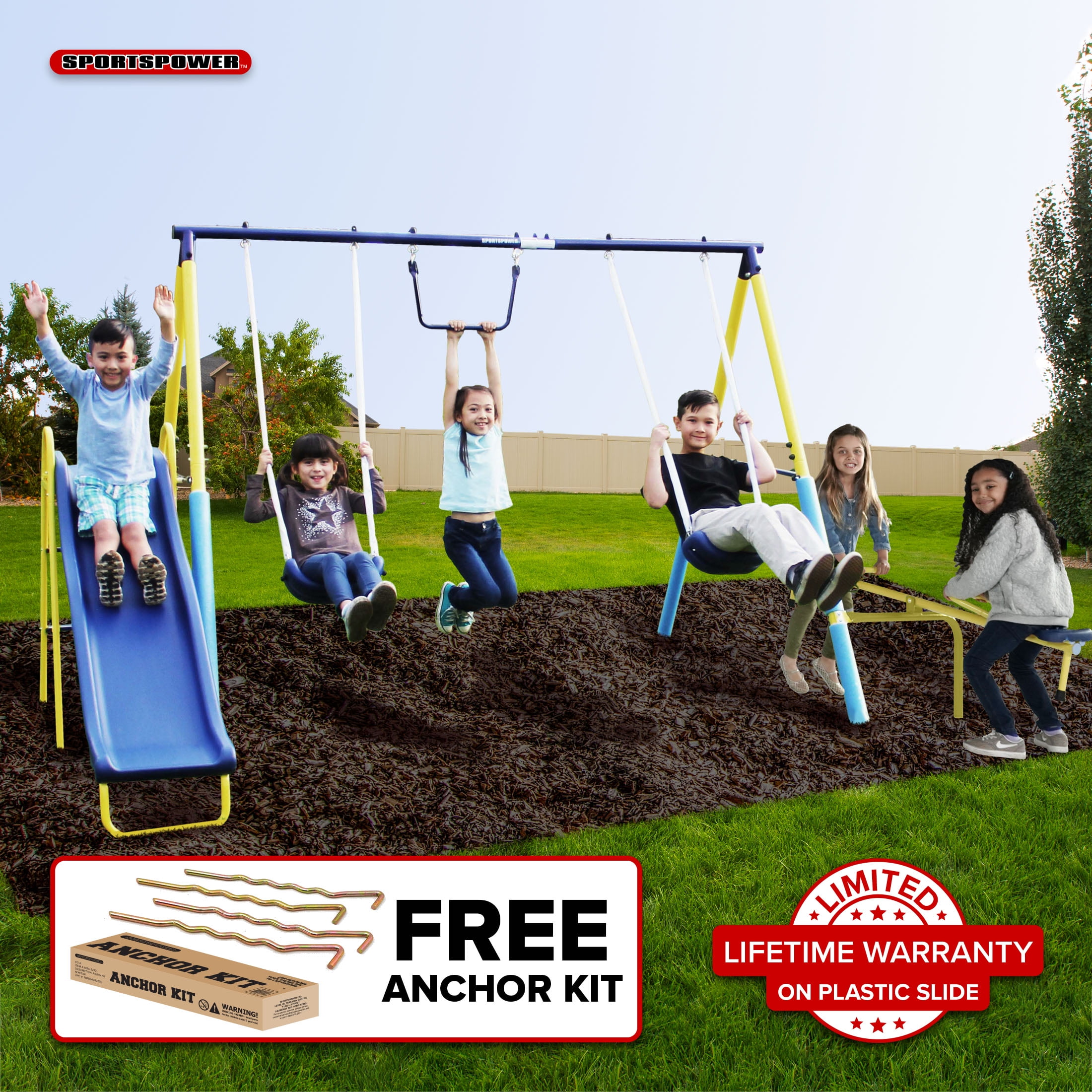 Sportspower Super 1st Metal Swing Set with Trapeze, Teeter-Totter, 6' Slide with Lifetime Warranty & Bonus Anchor Kit, for Kids 3-8
