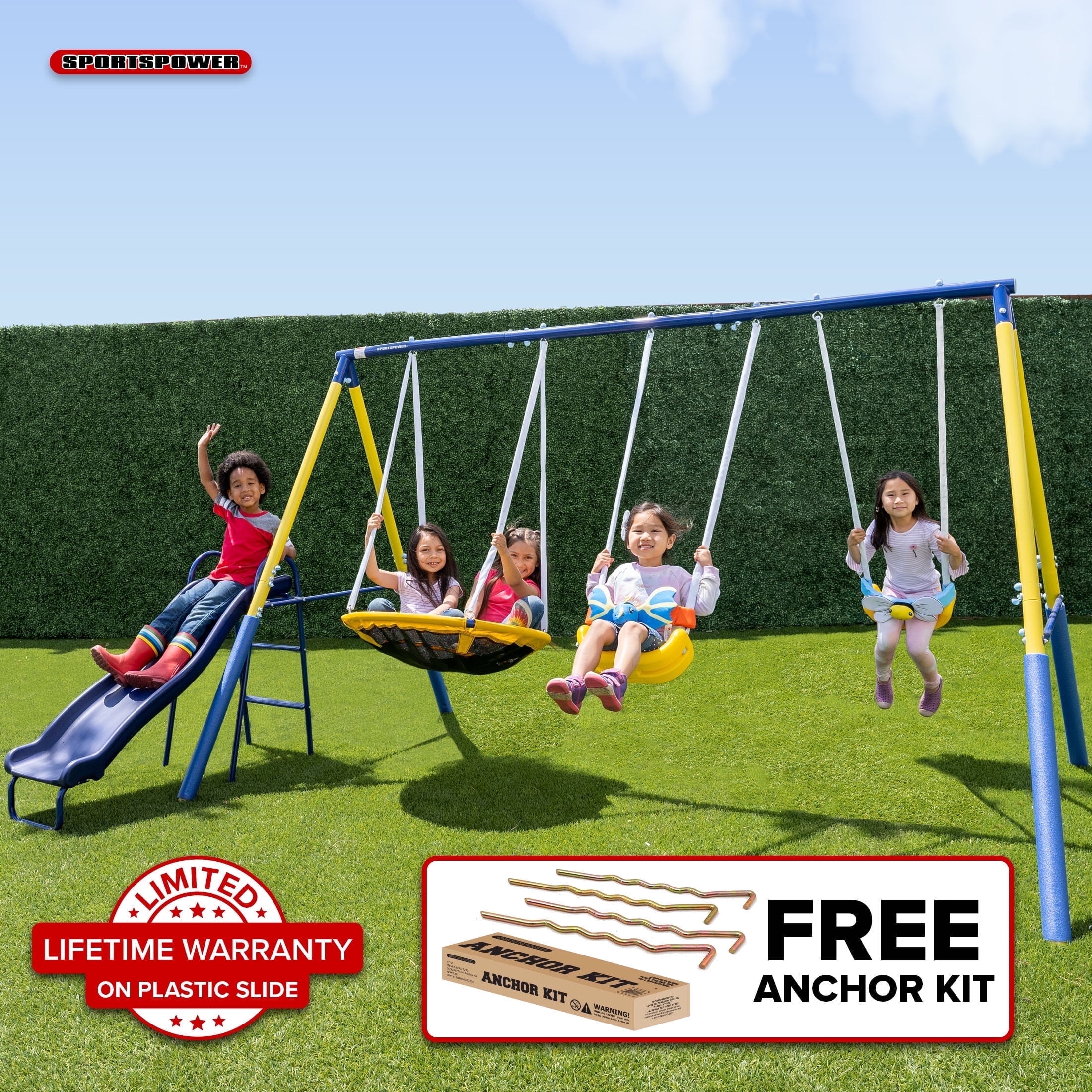 Sportspower Super Flyer Swing Set with 2 Flying Buddies, Saucer Swing, 2 Swings, Lifetime Warranty on Slide, and Bonus Anchor Kit, Great for Kids Aged 3-8