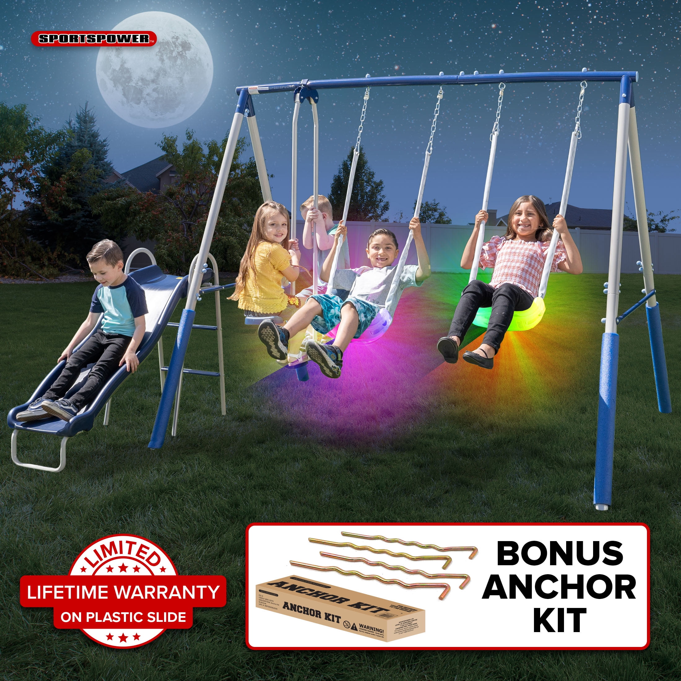 Sportspower Super Lights Metal Swing Set with LED Swings, 2 Person Glider, 5' Slide with Lifetime Warranty, and Bonus Anchor Kit, Great for Kids 3-8