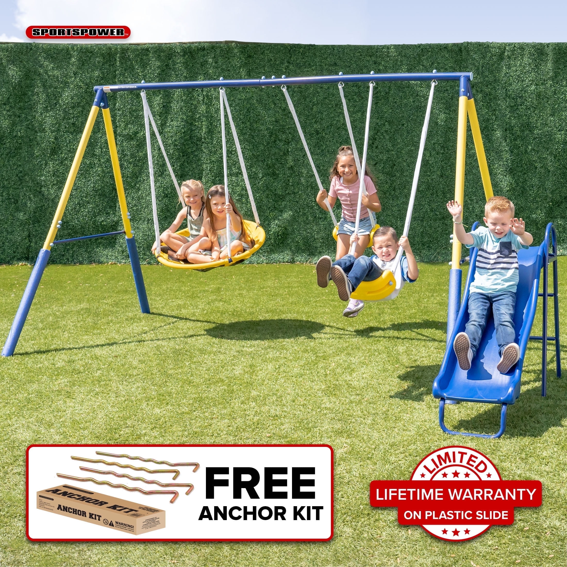 Sportspower Super Saucer II Metal Swing Set with 2 Swings, 2-Person Saucer Swing, & 5FT Slide, for Kids Aged 3-8, BONUS Anchor Kit