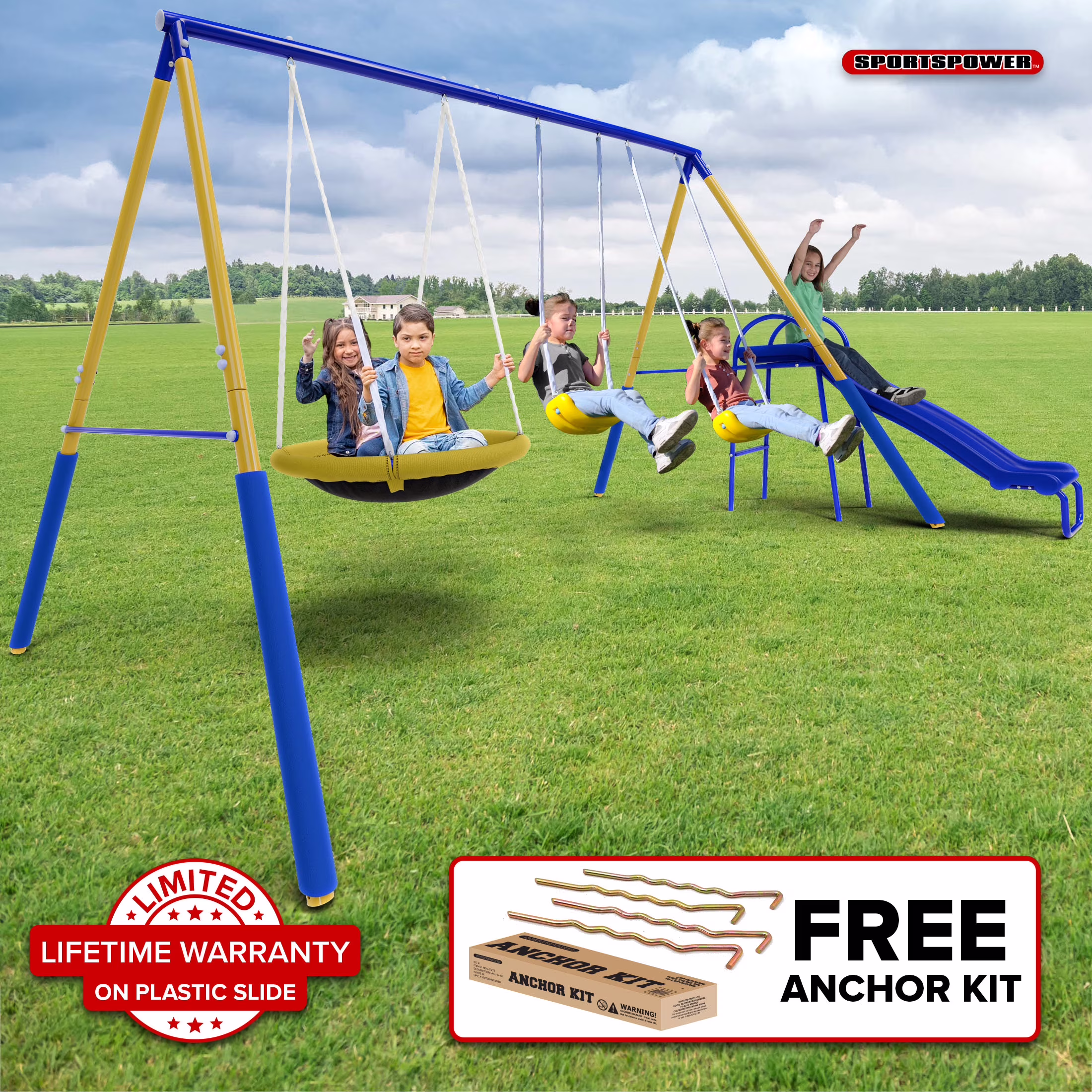 Sportspower Super Saucer Metal Swing Set with 2 Swings, 2-Person Saucer Swing, & 5FT Slide, Outdoor Backyard Fun for Kids Aged 3-8, BONUS Anchor Kit