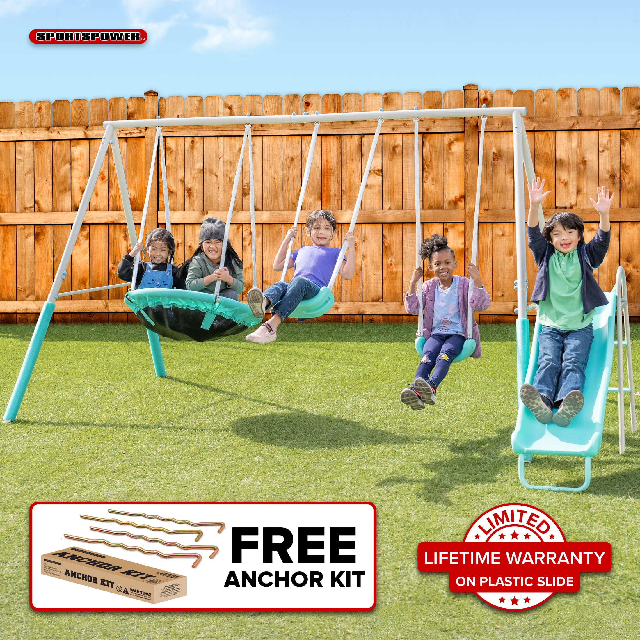 Sportspower Super Saucer Metal Swing Set with 2 Swings, Saucer Swing, & 5' Double Wall Slide with Lifetime Warranty